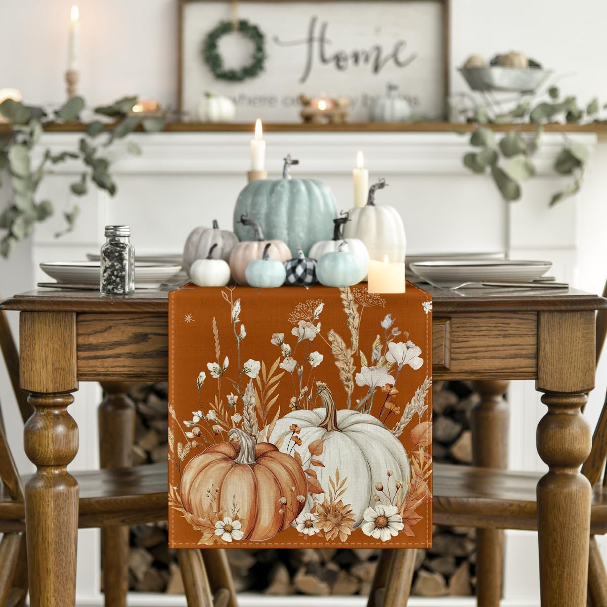 Artoid Mode Orange Pumpkins Leaves Flowers 210 GSM Fall Table Runner, Seasonal Autumn Kitchen Dining Table Decoration for Home Party Decor 13x72 Inch