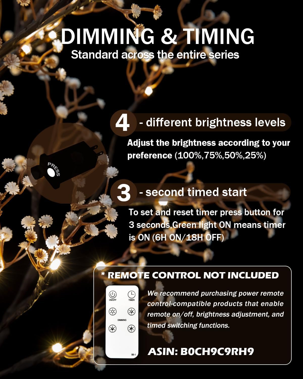 6ft Lighted Baby's Breath Tree with 184 Warm White LED Lights for Holiday Decor - Dimmable, UL Certified, Waterproof - Ideal for Indoor and Outdoor Decoration