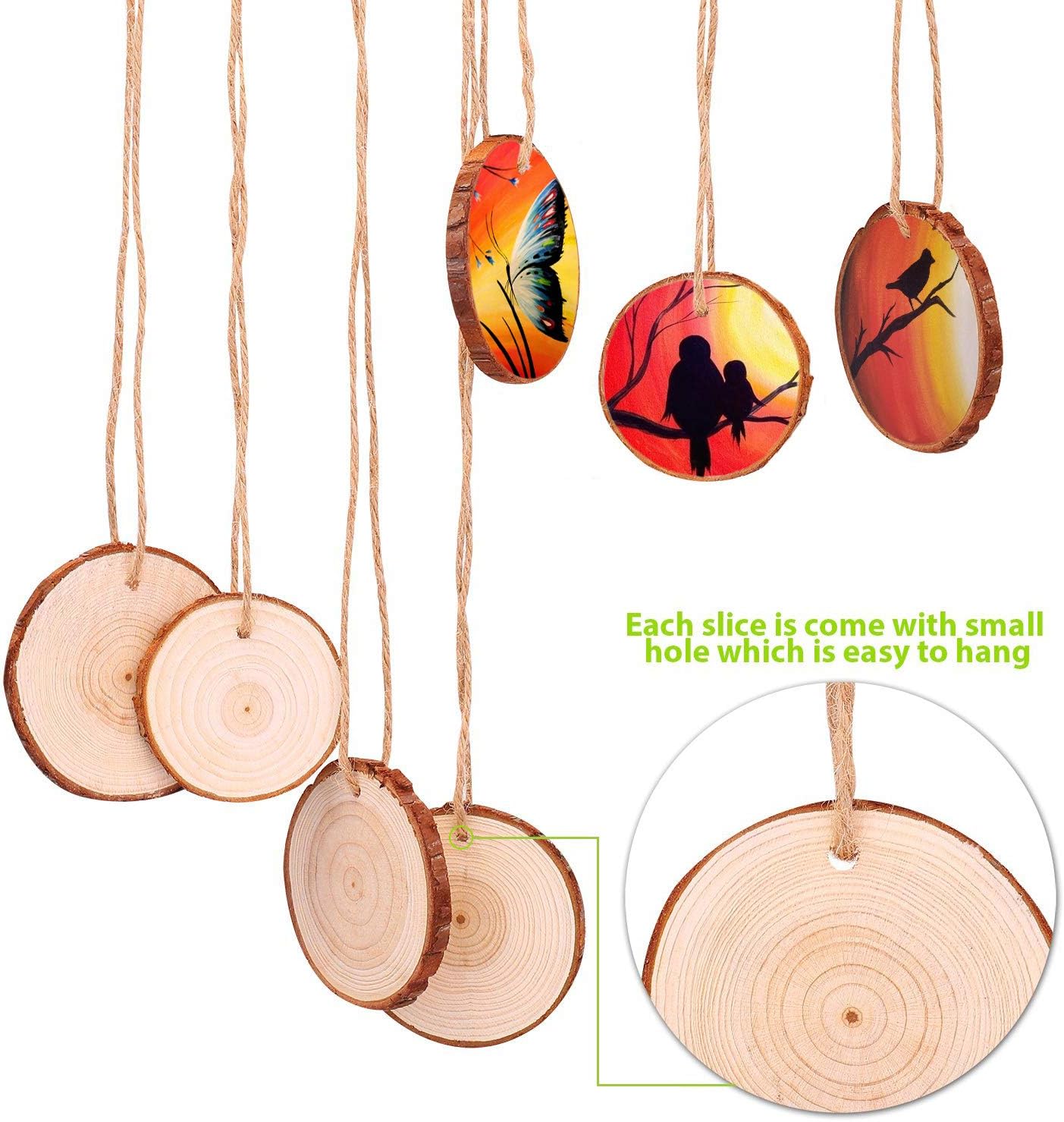Fuyit Natural Wood Slices 20 Pcs 3.5-4 Inches Craft Wood Kit Unfinished Predrilled with Hole Wooden Circles Tree Slices for Arts and Crafts Christmas Ornaments DIY Crafts