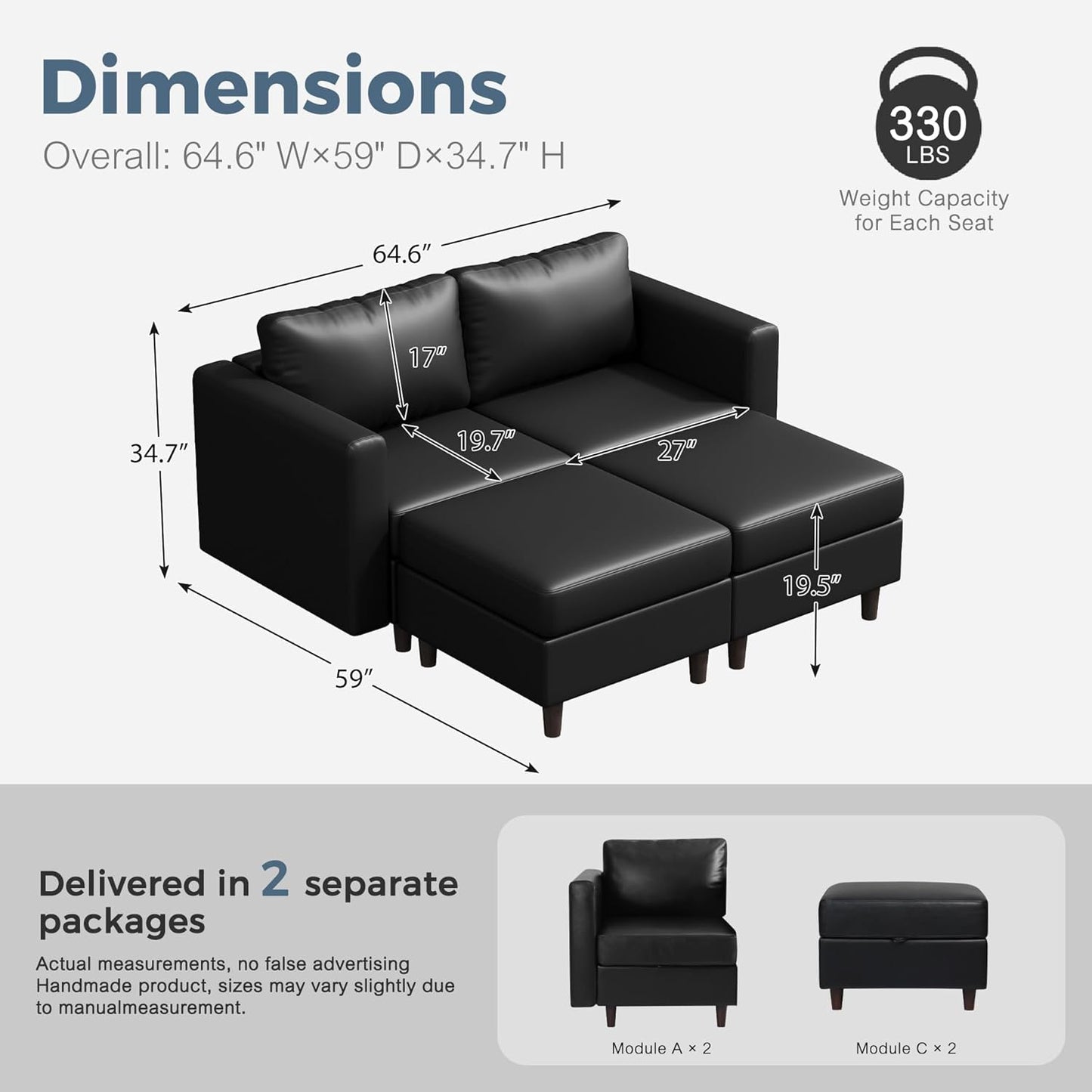 ABCASA 64.6" Faux Leather Loveseat Sleeper Sofa Bed with Storage Seat, Modern Modular Sectional Couch Deep Seat with Reversible Chaise 2-Seat Black for Apartment, Living Room, Bedroom