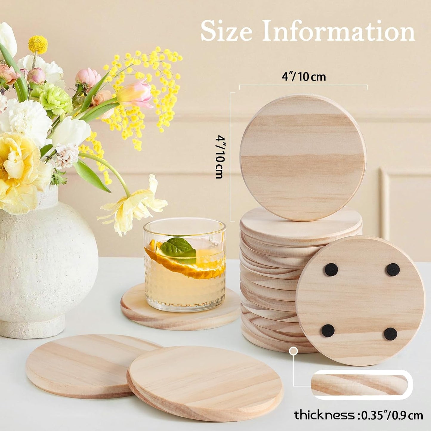 36 Pieces Unfinished Wood Coasters, GOH DODD 4 Inch Wooden Blanks with Non-Slip Pads for Laser Engraving Wood Burning Staining Painting Decoupage Housewarming Gifts Wedding Crafts Education, Round