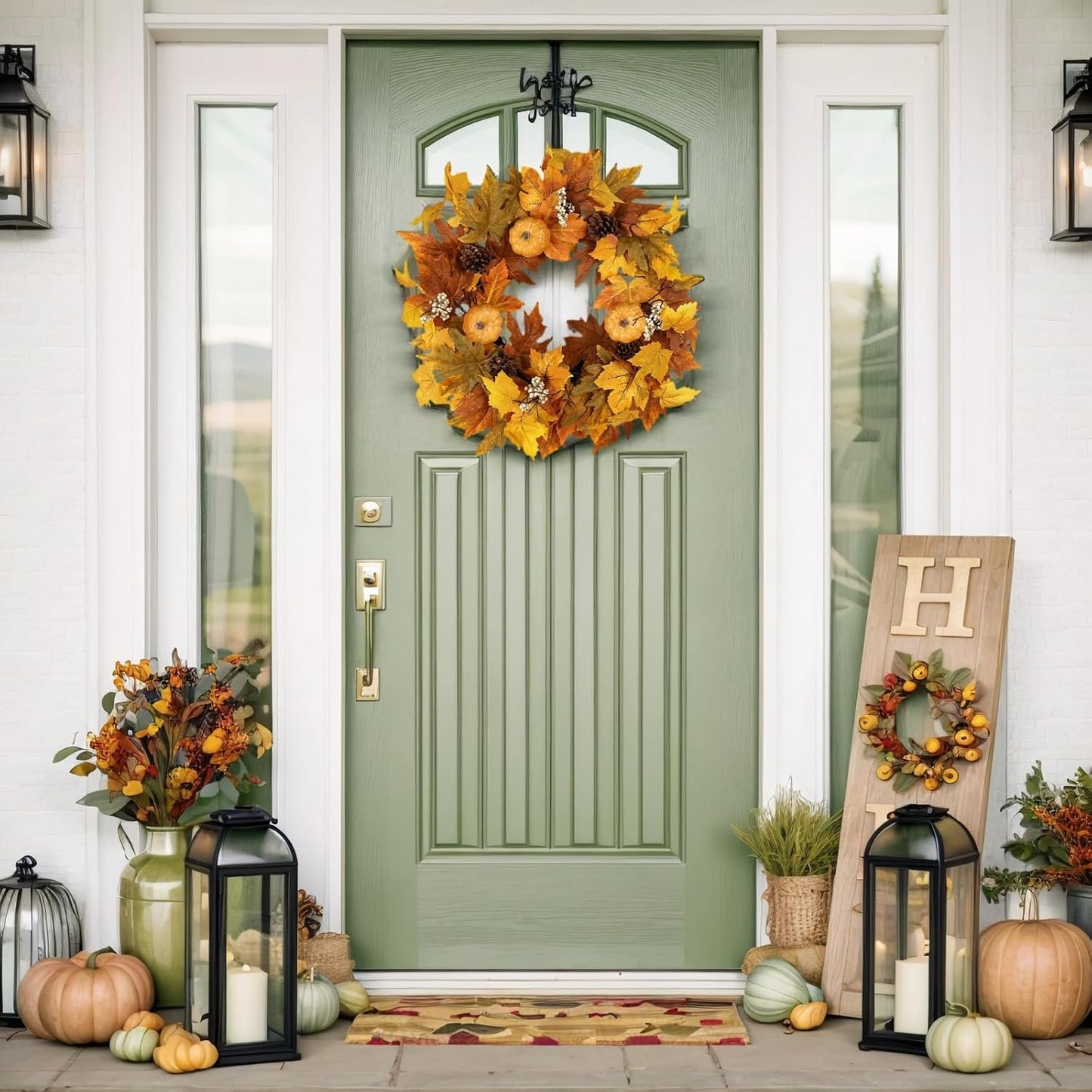 Fall Wreaths for Front Door Outside Autumn Wreath with Lights Berries Pine Cones Fall Decorations for Home Decor Pumpkin Wreath for Farmhouse Holiday Thanksgiving Harvest Halloween Outdoor
