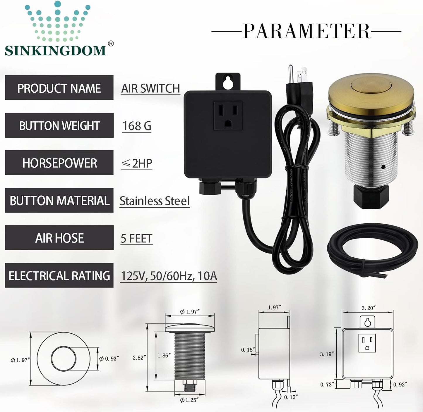 Garbage Disposal SinkTop Air Switch Kit with Stainless Steel Button, Champagne Gold