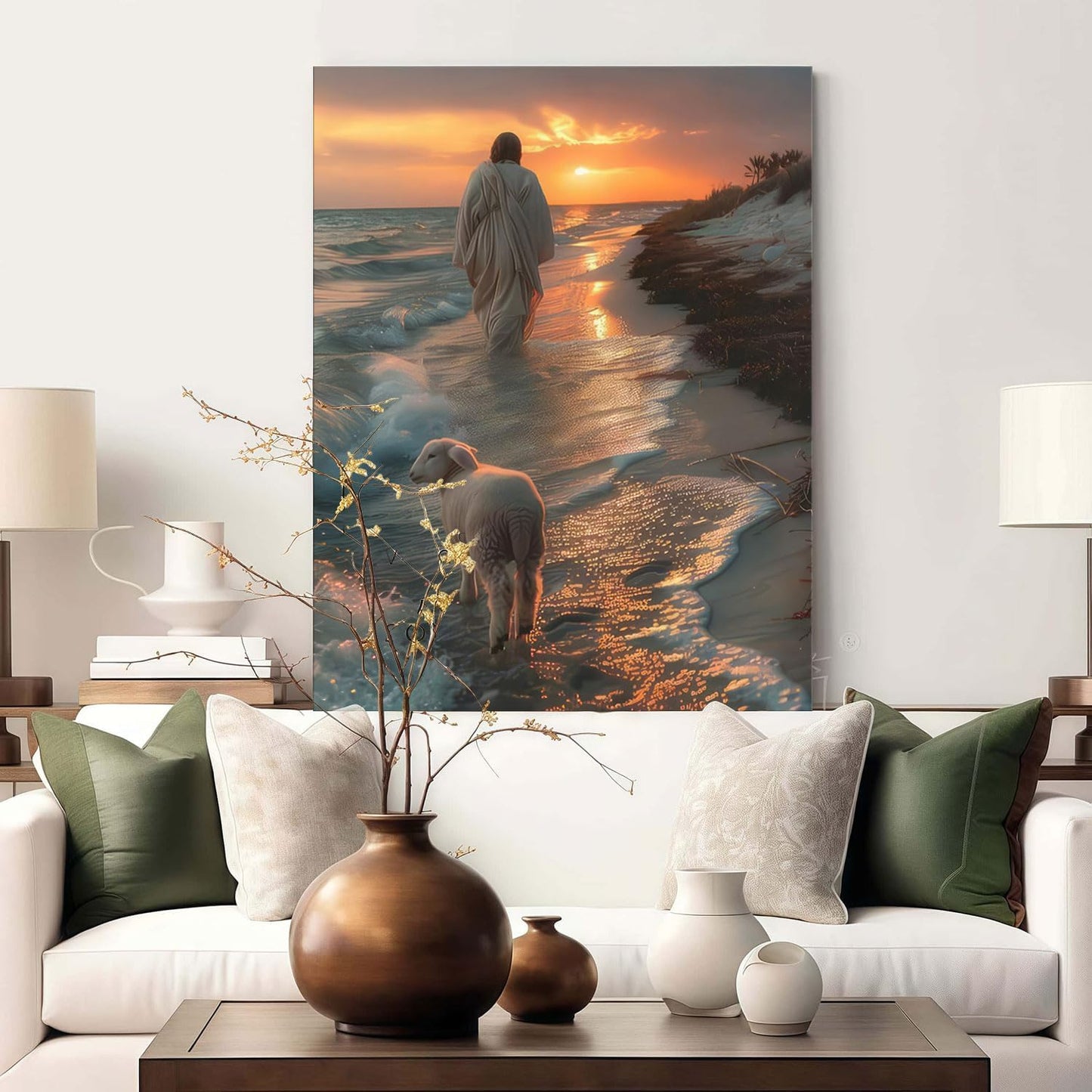 Framed Canvas Jesus and the Lamb Walking on the Beach Wall Decor Wall Art Gallery Decor Unique Print Wall Decor for Living Room Bedroom Church Home Decor 12x16 Inch Ready to Hang
