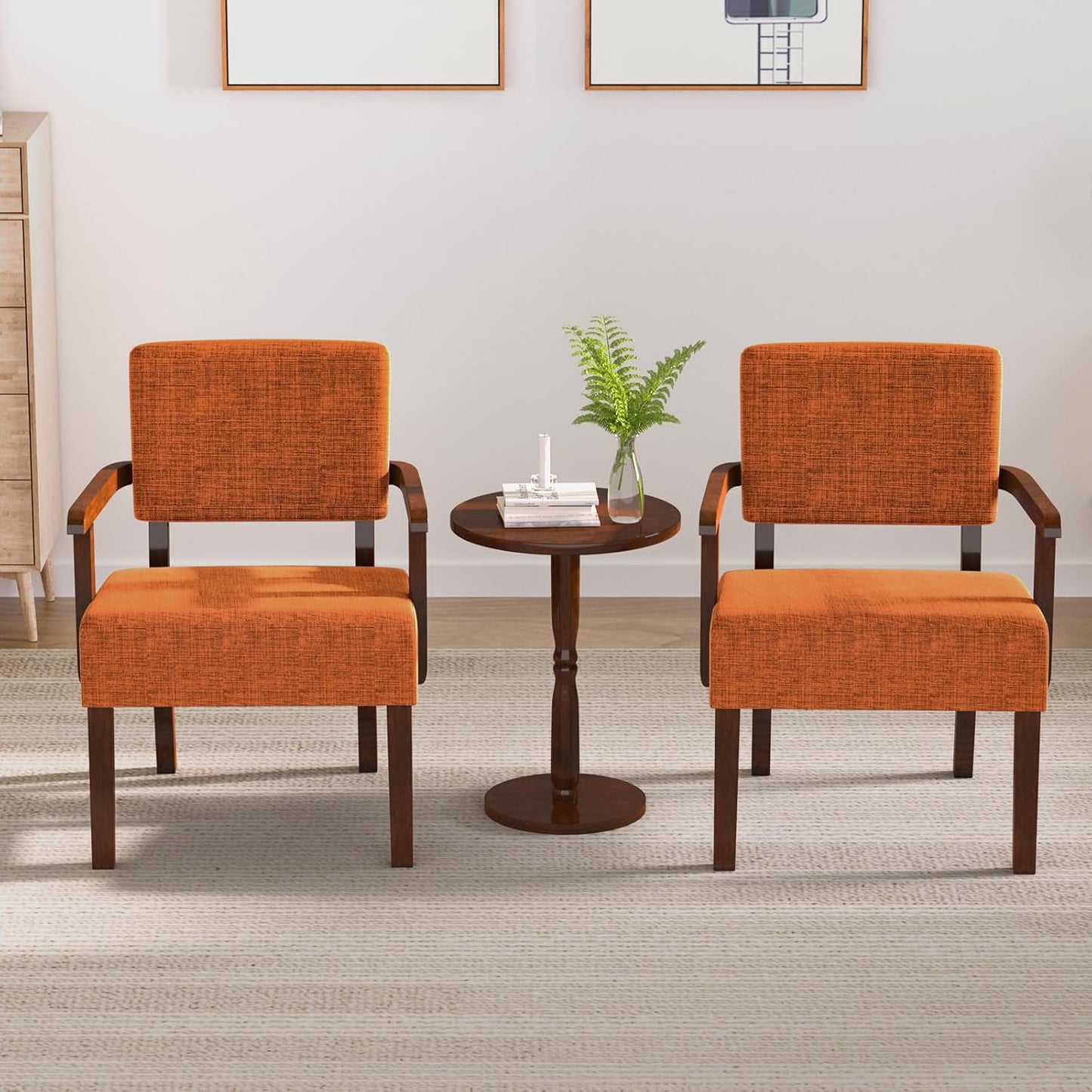 Accent Chair Set of 2 with Table, Living Room Chairs with Soft Seat and Armrests for Living Room Bedroom Reading Room Waiting Room (Orange), Linen, AC01