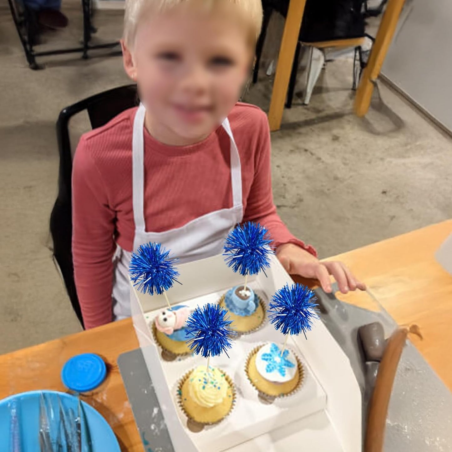 Ephlyn 30Pcs Foil Firework Cupcake Toppers Sparkles Fireworks Sticks Birthday Decorations Sparkle Tinsel Cocktail Fruit Toothpick for Birthday Wedding Graduation Party Cake Decorations Blue