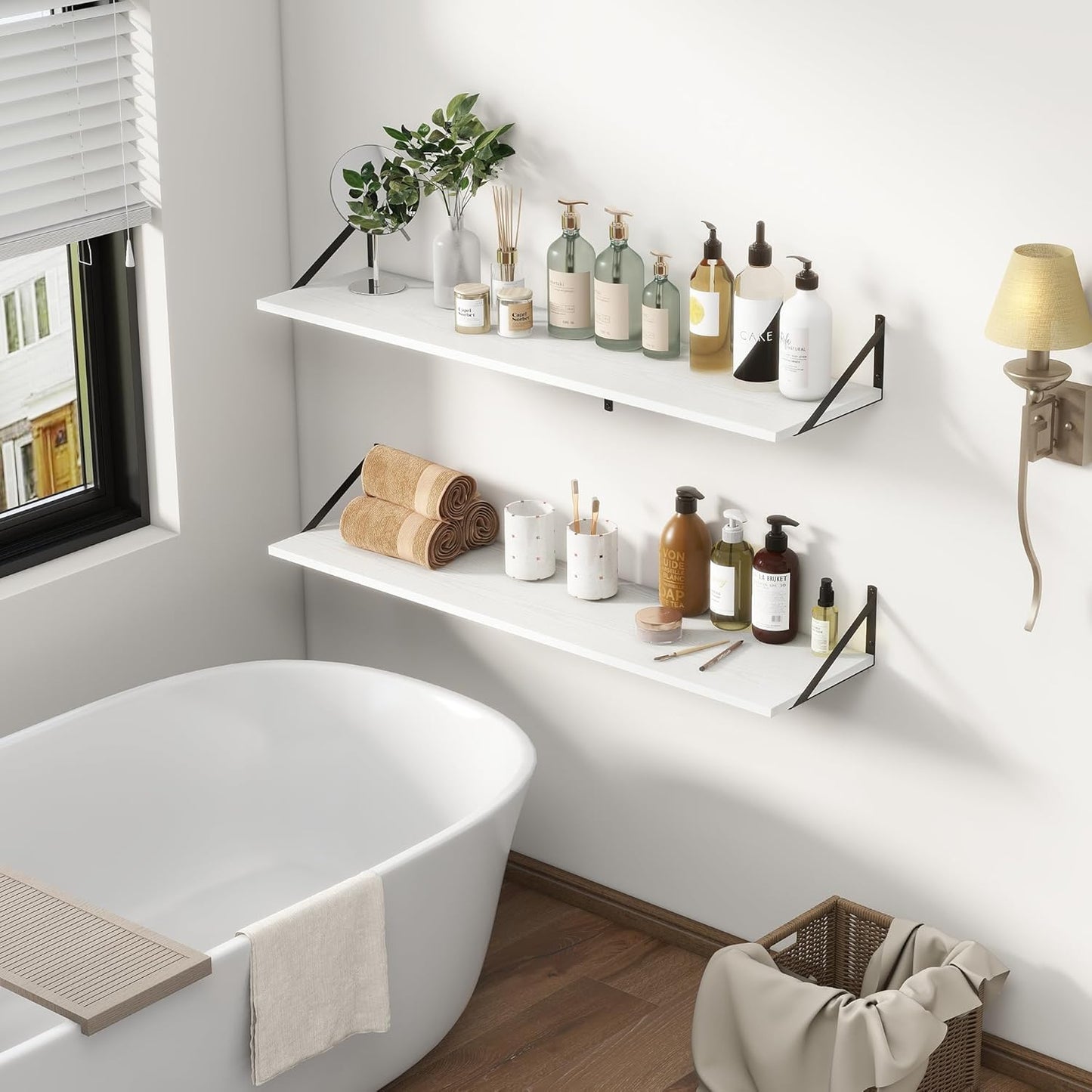 12 Inch Deep Floating Shelves, White Floating Shelves 48W x 12D, Deep Wall Shelves Bracket Set of 2, Large Display Hanging Floating Shelf for Bathroom, Living Room, Wide Storage Wooden Wall Shelf