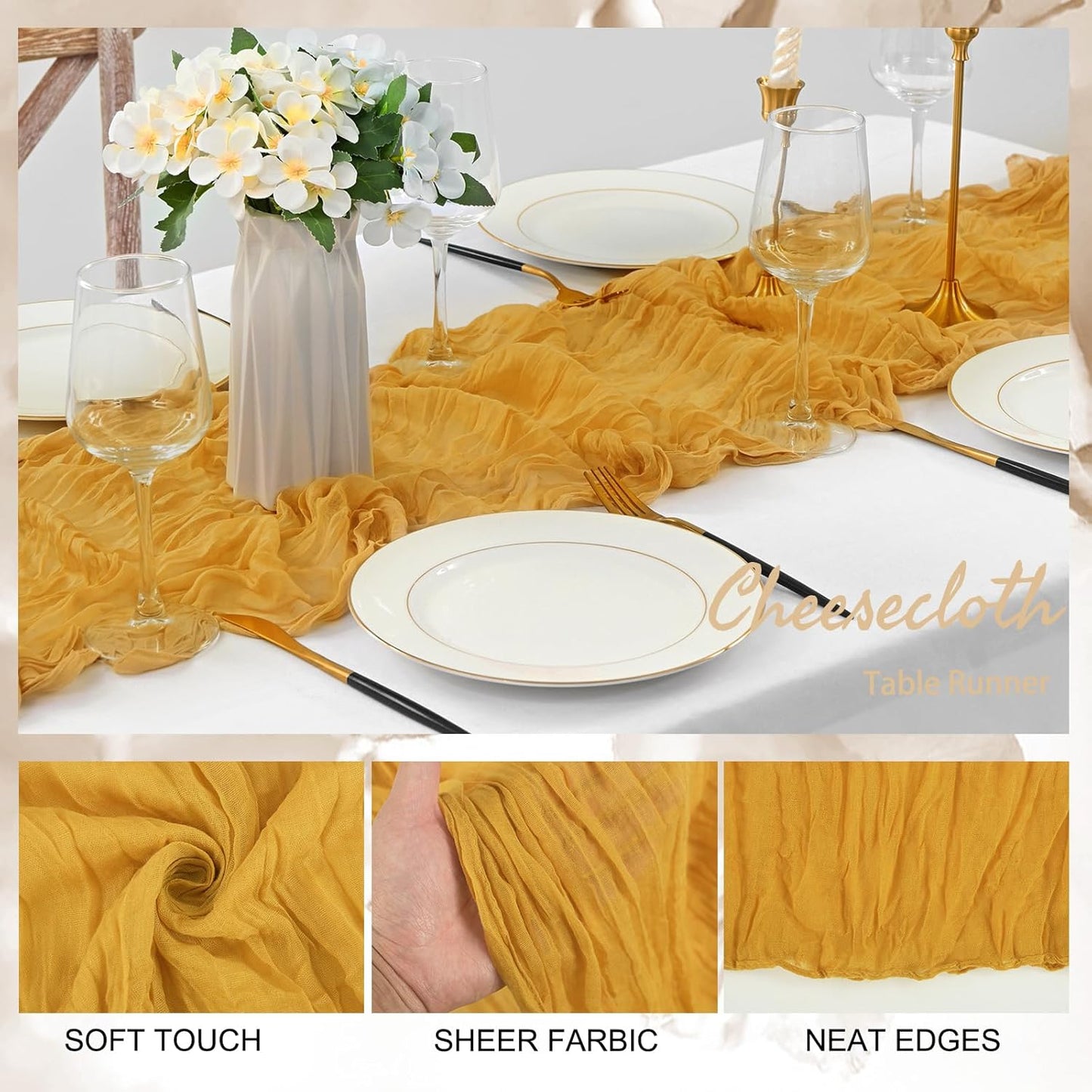 6 Pack Mustard 10FT Cheesecloth Table Runner Rustic Gauze Fabric Cheese Cloth Table Runner for Wedding Bridal Baby Shower Table Decor Boho Sheer Birthday Party Table Decorations 20 x 120 Inch Long