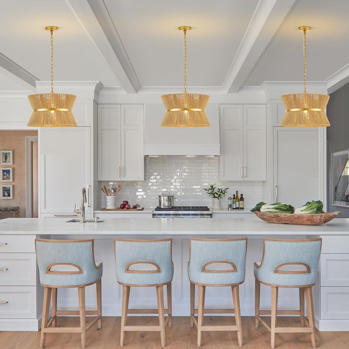 18” Hand Woven Rattan Boho Chandelier Brass Ajustable Pendant Light for Kitchen Island Living Room Bedroom Hallway, UL Listed