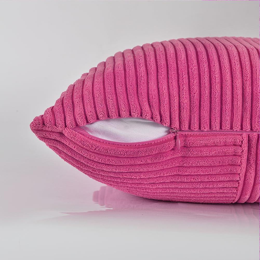 Fancy Homi 2 Packs Hot Pink Lumbar Decorative Throw Pillow Covers 12x20 Inch for Living Room Couch Bed Sofa, Rustic Farmhouse Boho Home Decor, Soft Striped Corduroy Rectangle Accent Cushion Case