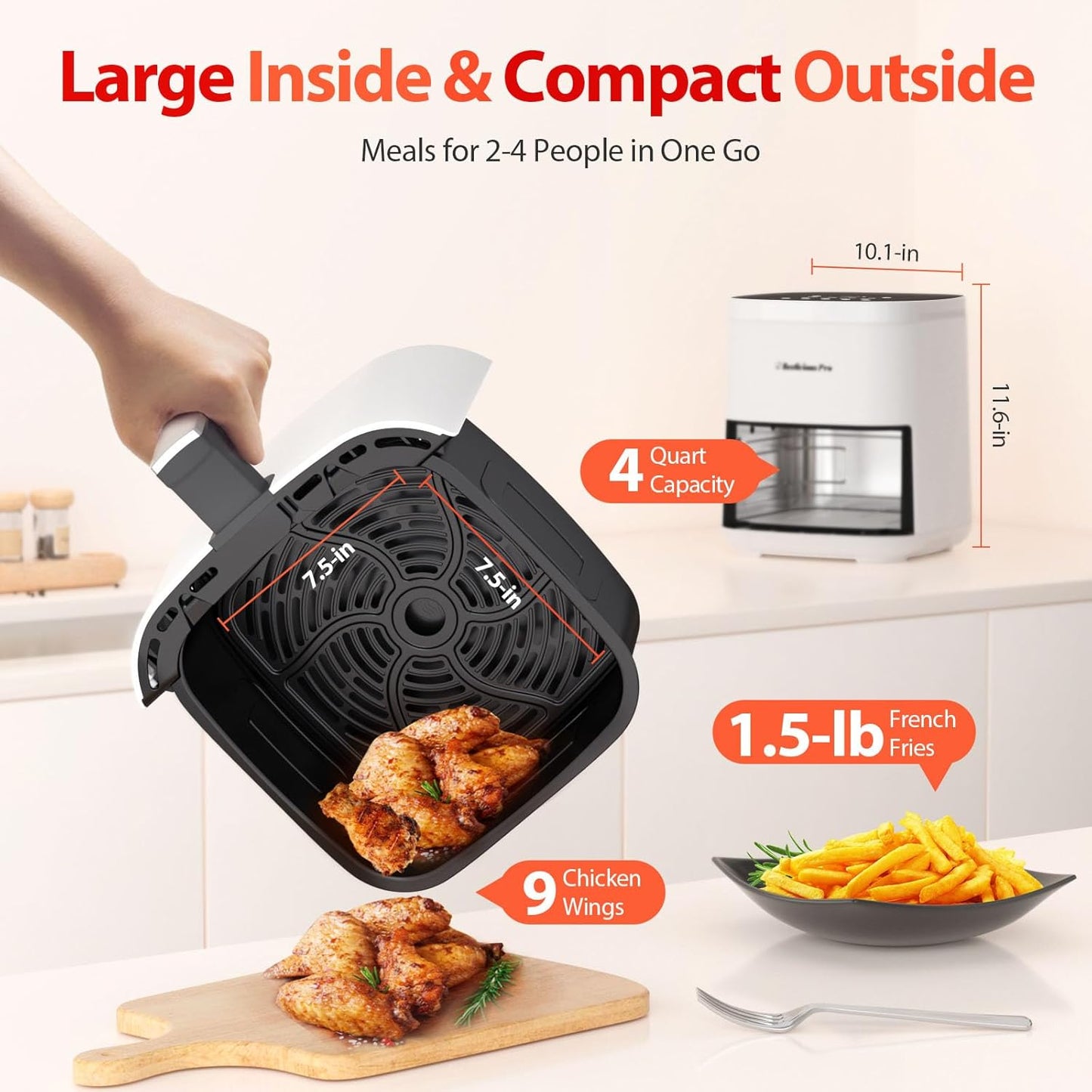 Air Fryer, Beelicious 8-in-1 Smart Compact 4QT Air Fryers,Shake Reminder,450°F Digital Airfryer with Flavor-Lock Tech,Tempered Glass Display,Dishwasher-Safe & Nonstick,Fit for 1-3 People, Bright White
