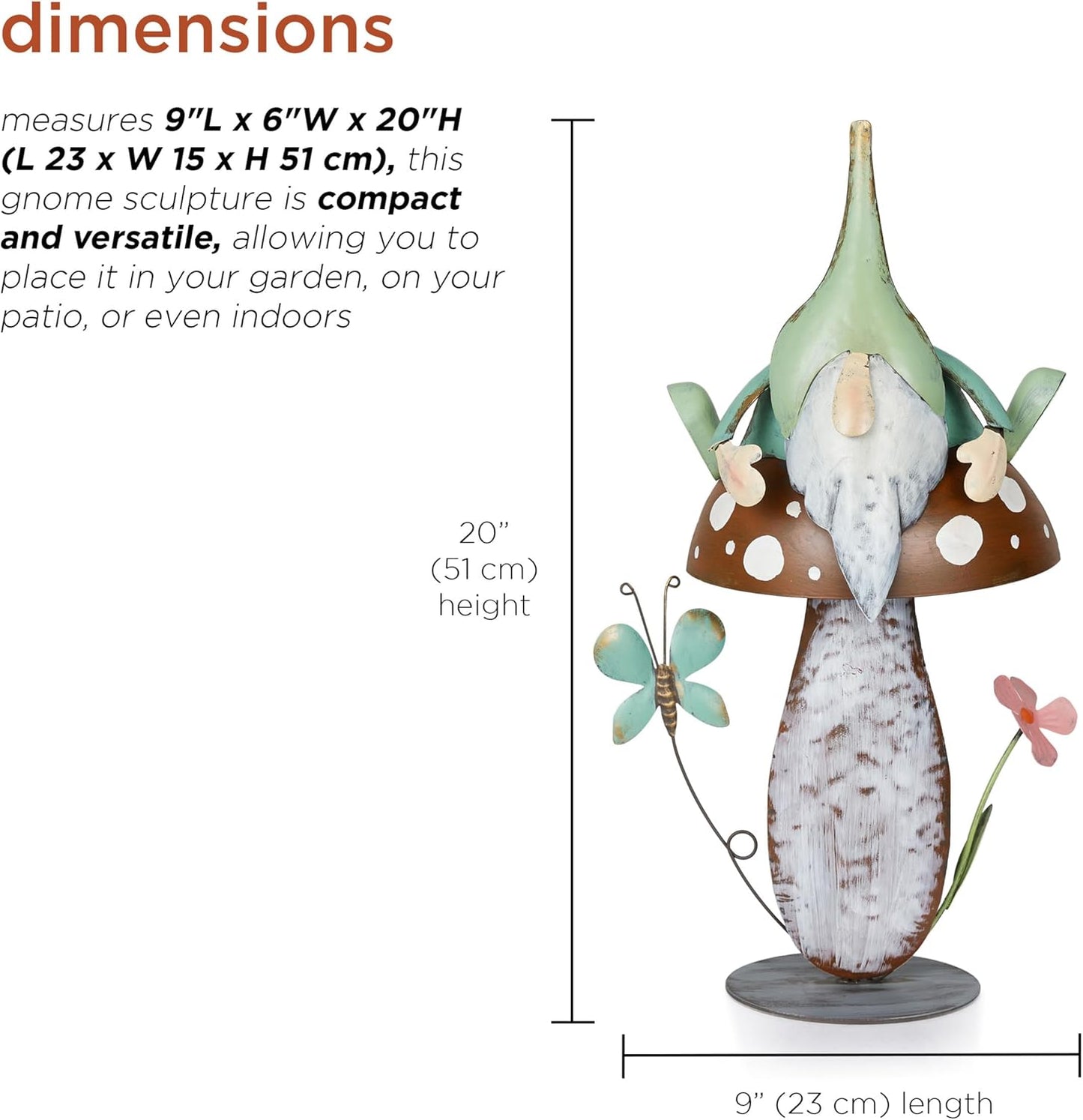 Alpine Corporation - Metal Gnome with Mushroom – 20" Tall Durable Iron Garden Statue, Whimsical Outdoor Décor for Patio, Lawn, Yard (Multicolor)