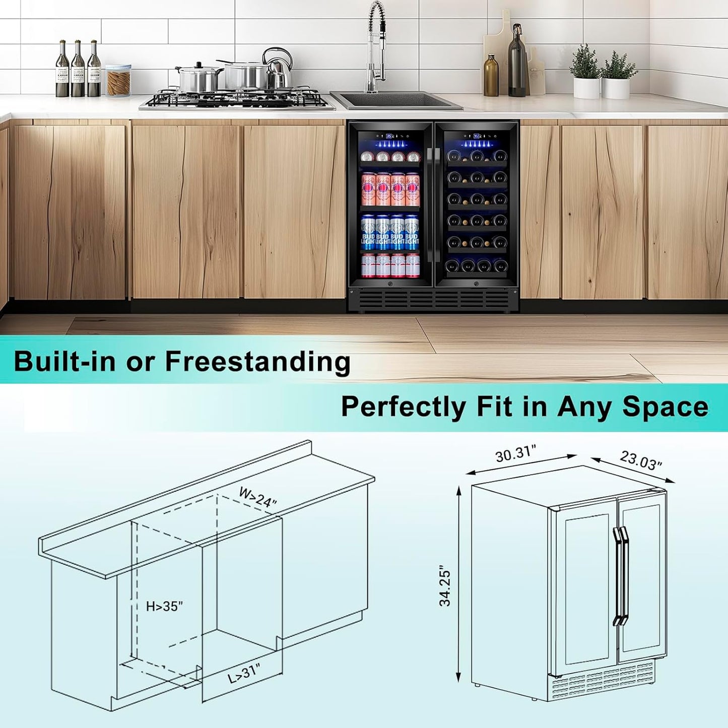 30'' Wine and Beverage Refrigerator, Upgrade Dual Zone Wine Cooler, 30 Inch Wine beverage Fridge Built in or Freestanding Under Counter Large Capacity Glass Door Advanced Cooling System,Black