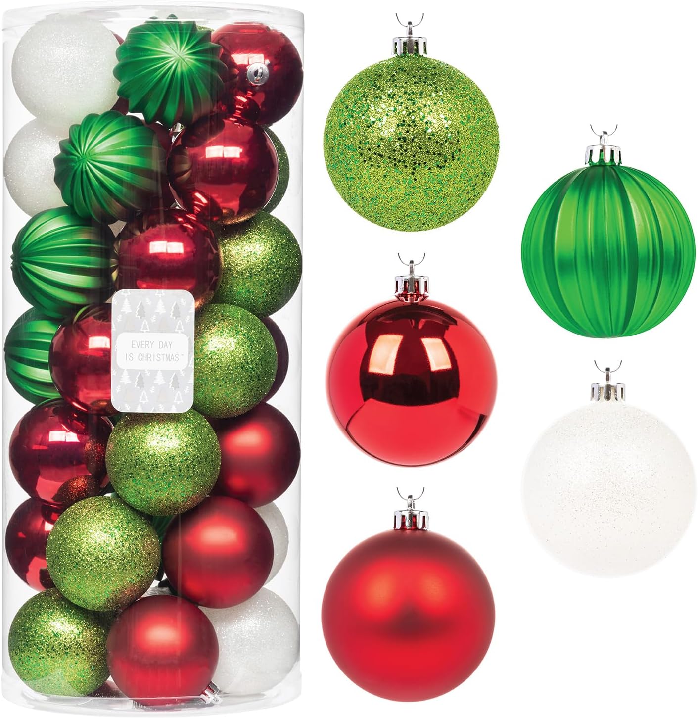 Every Day is Christmas Ornaments, Shatterproof Christmas Tree Ornament Set, Christmas Balls Decoration 35 Count (2.75"/70mm, Green Red White)