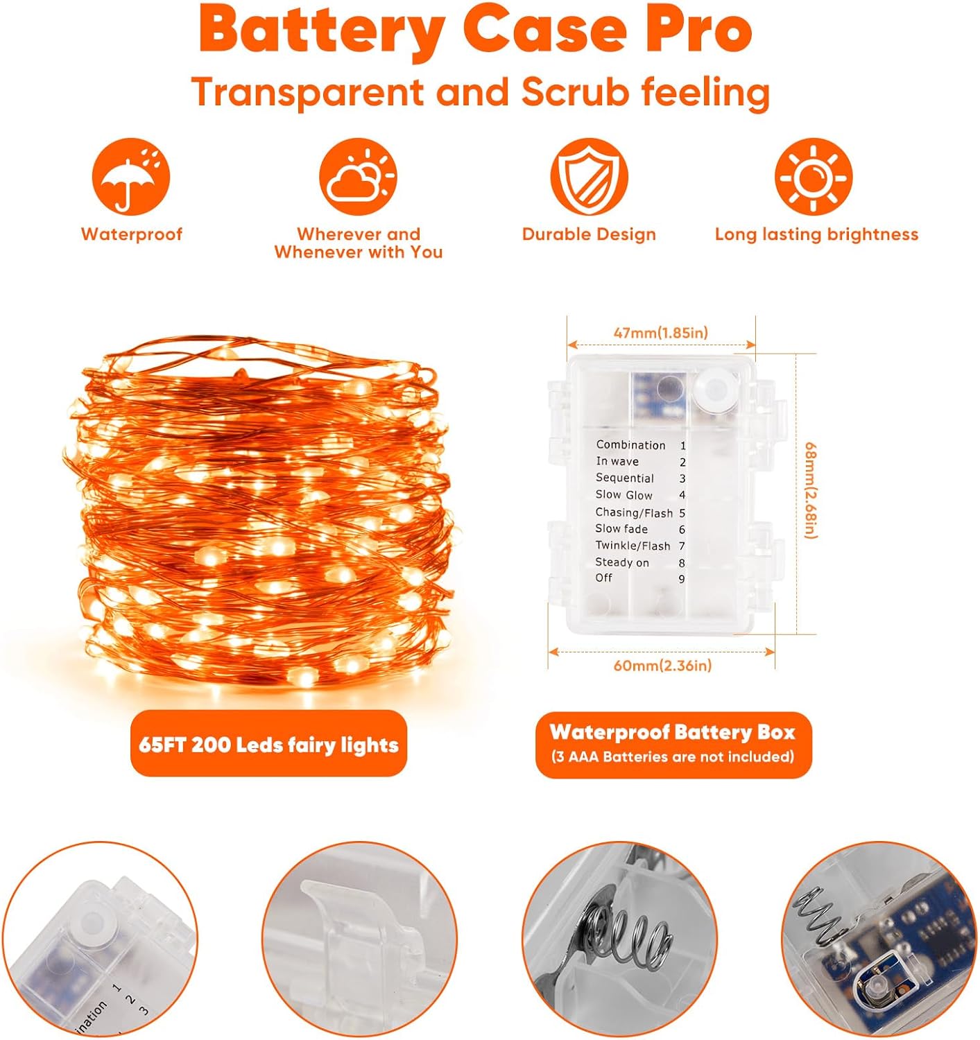 2 Pack 65.6 Ft. Battery Operated Outdoor String Lights with Remote & Timer, LED Orange Fairy Lights, Waterproof Twinkle Lights for Bedroom, Dorm, Mason Jar, Wedding, Party, Christmas