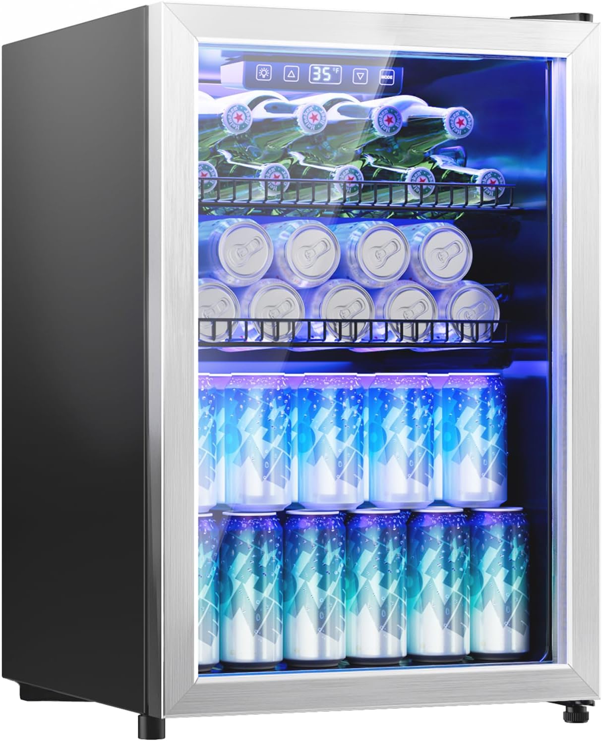 2.5 Cu.Ft Beverage Fridge, Mini Fridge With Glass Door, Beverage Cooler Refrigerator, Wine Drink Beer Cooler, Adjustable Shelves & Digital Temperature Display, 22 Bottle 95 Can