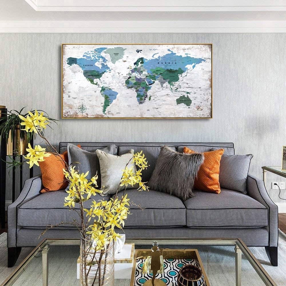 Framed Wall Art World Map Wall Art Canvas Picture 24inchx48inch Large Blue Map of The World Canvas Painting Artwork Prints for Office Wall Decor Home Living Room Decorations Framed Ready to Hang