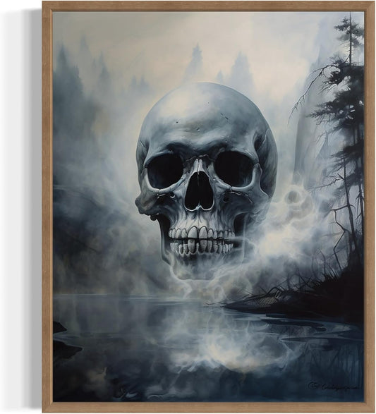 Foggy Skull Poster Art Print, Halloween Scary Vintage Wall Art Academia Spooky Painting Decoration for Horror Prints, Gothic Posters Bedroom Decor 89 (Foggy Skull, 11 x 14 inches, Wood Frame)