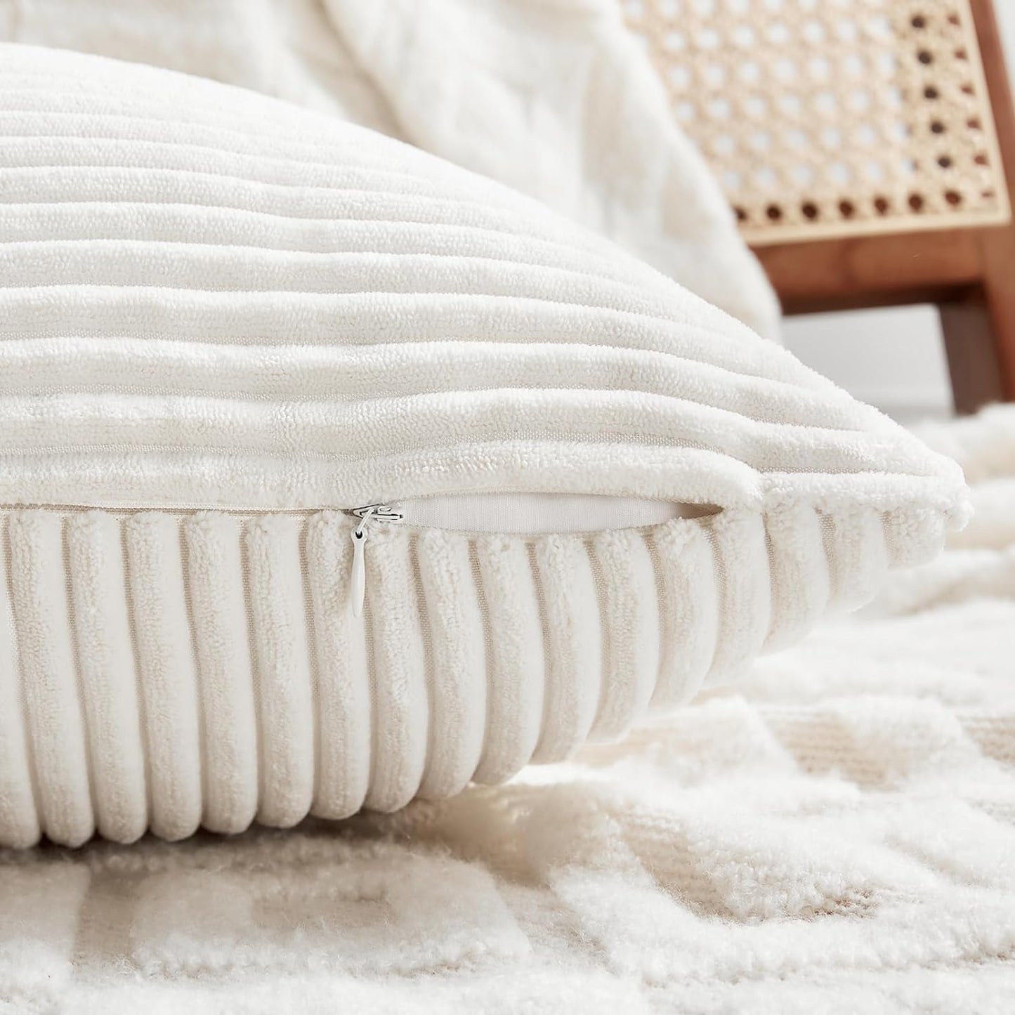 Fancy Homi 2 Packs Cream White Long Lumbar Decorative Throw Pillow Covers 16x24 Inch for Couch Bed Sofa, Rustic Farmhouse Boho Home Decor, Soft Striped Corduroy Rectangle Accent Cushion Case 40x60 cm