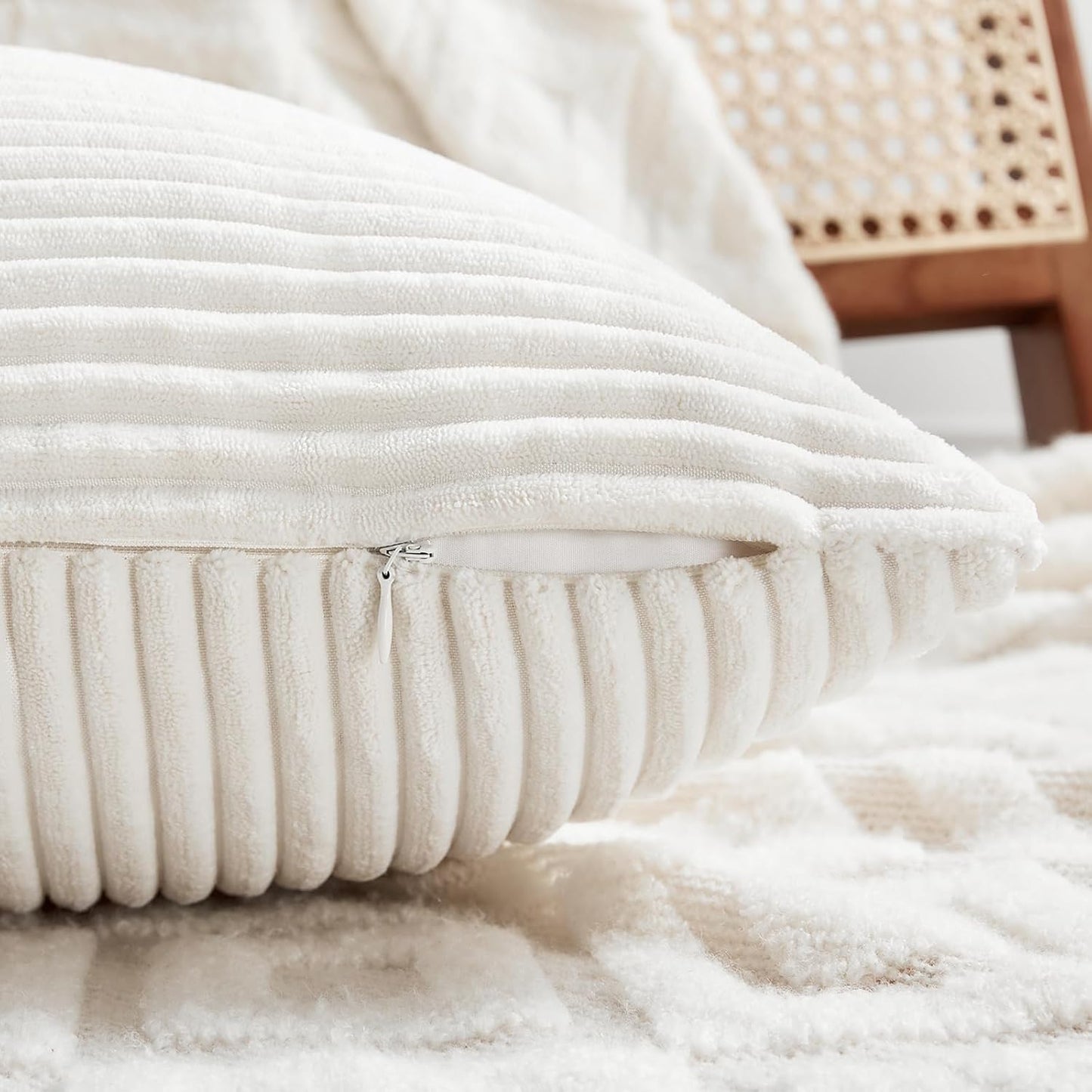 Fancy Homi 2 Packs Cream White Lumbar Decorative Throw Pillow Covers 12x20 Inch for Couch Bed Sofa, Rustic Farmhouse Boho Home Decor, Soft Striped Corduroy Rectangle Accent Cushion Case 30x50 cm