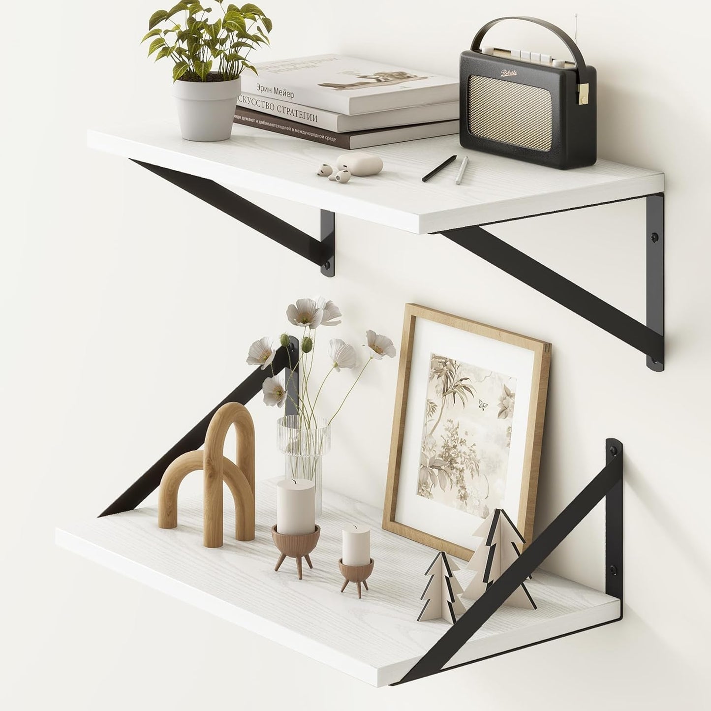 Fun Memories White Floating Shelves 18 Inch Long, Rustic Floating Shelf with Brackets, 10 Inch Deep Wall Shelves, White Bathroom Shelves, 18 x 10 Storage Shelf for Kitchen, Living Room, Set of 2