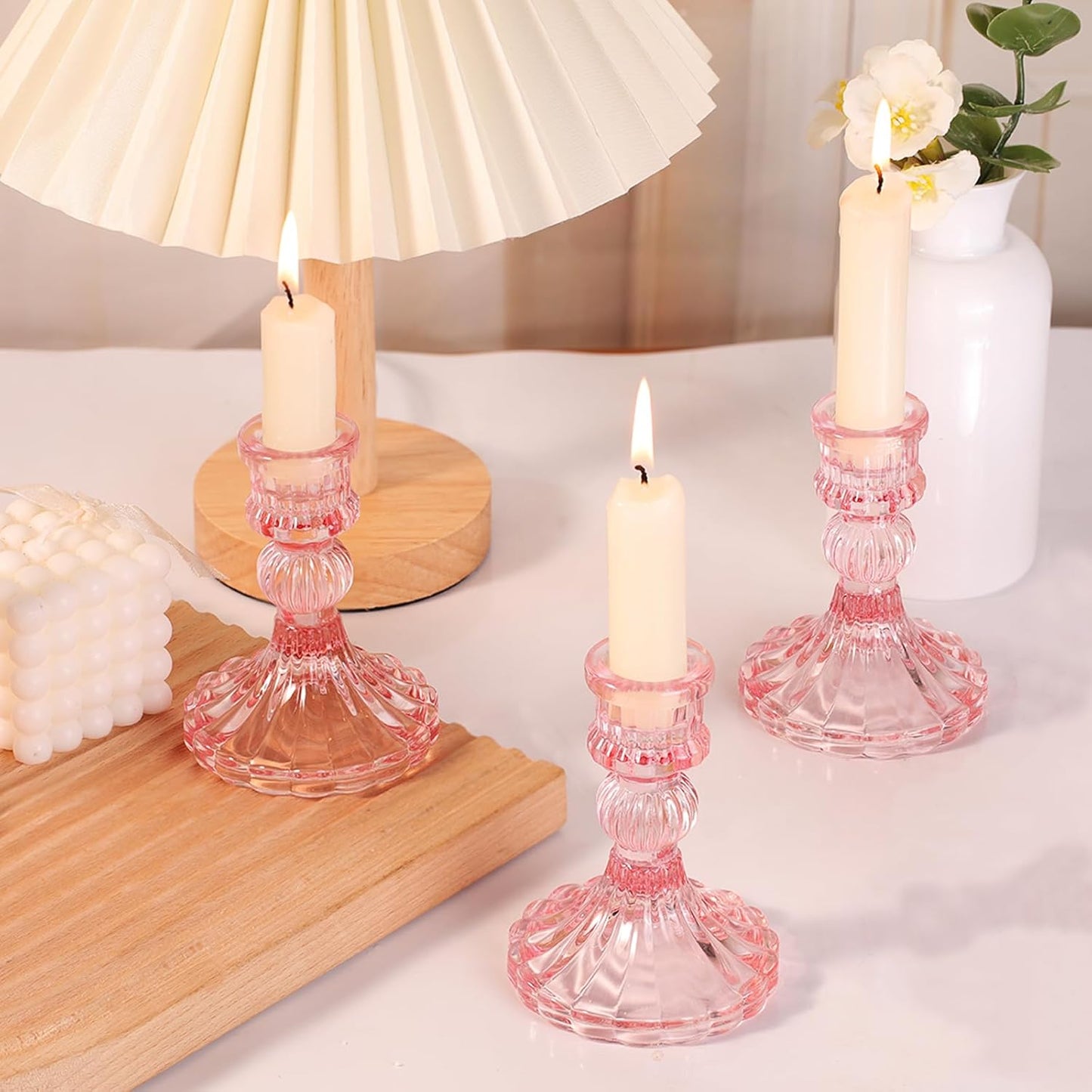12PCS Pink Candlestick Holders Set- 4" H Taper Candle Holders, Glass Candle Holders Bulk for Wedding, Party, Home Table Centerpieces, Festival Gifts & Windowsill Decor