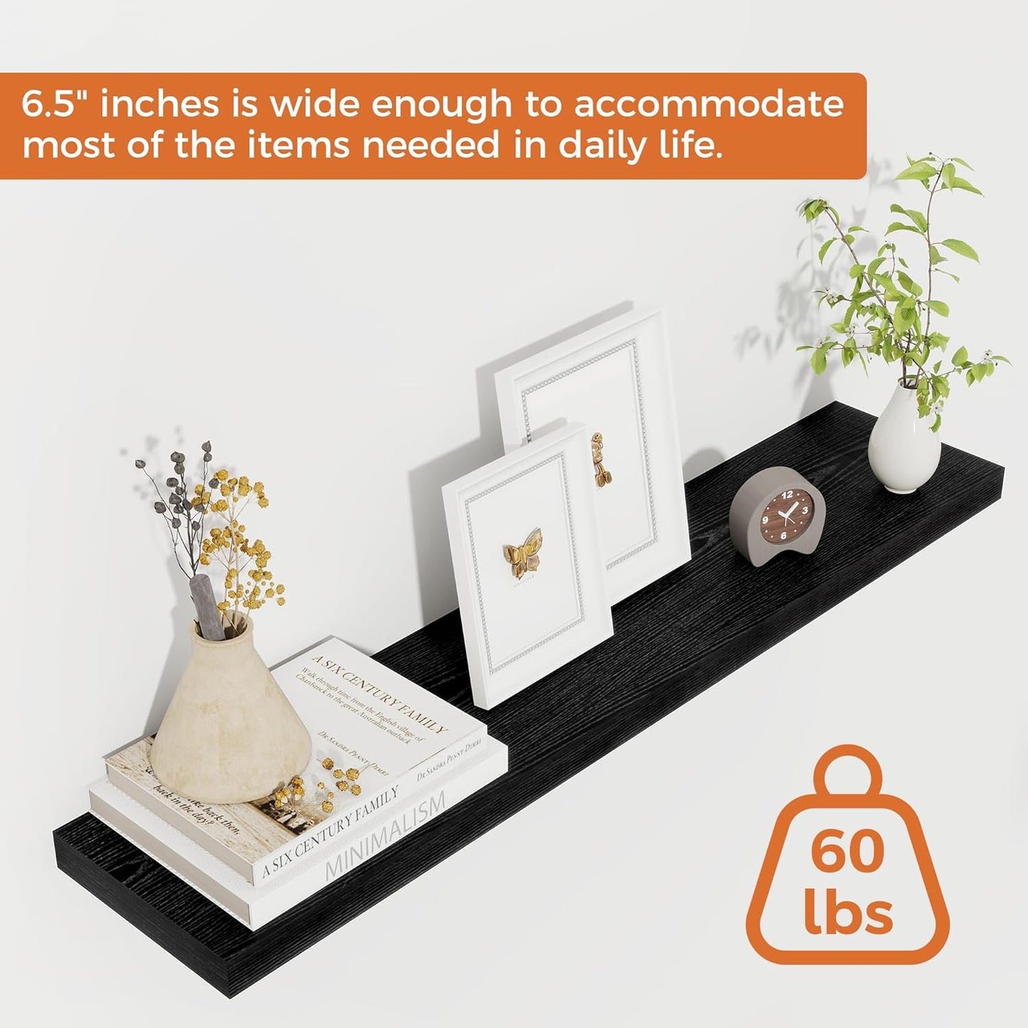 Fun Memories 32Inch Floating Shelves for Wall 2 Pack Wood Shelves for Kitchen, Bathroom, Bedroom Wall Mounted Rustic Wood Floating Shelf with Invisible Brackets for Books, Storage, Decor, Black