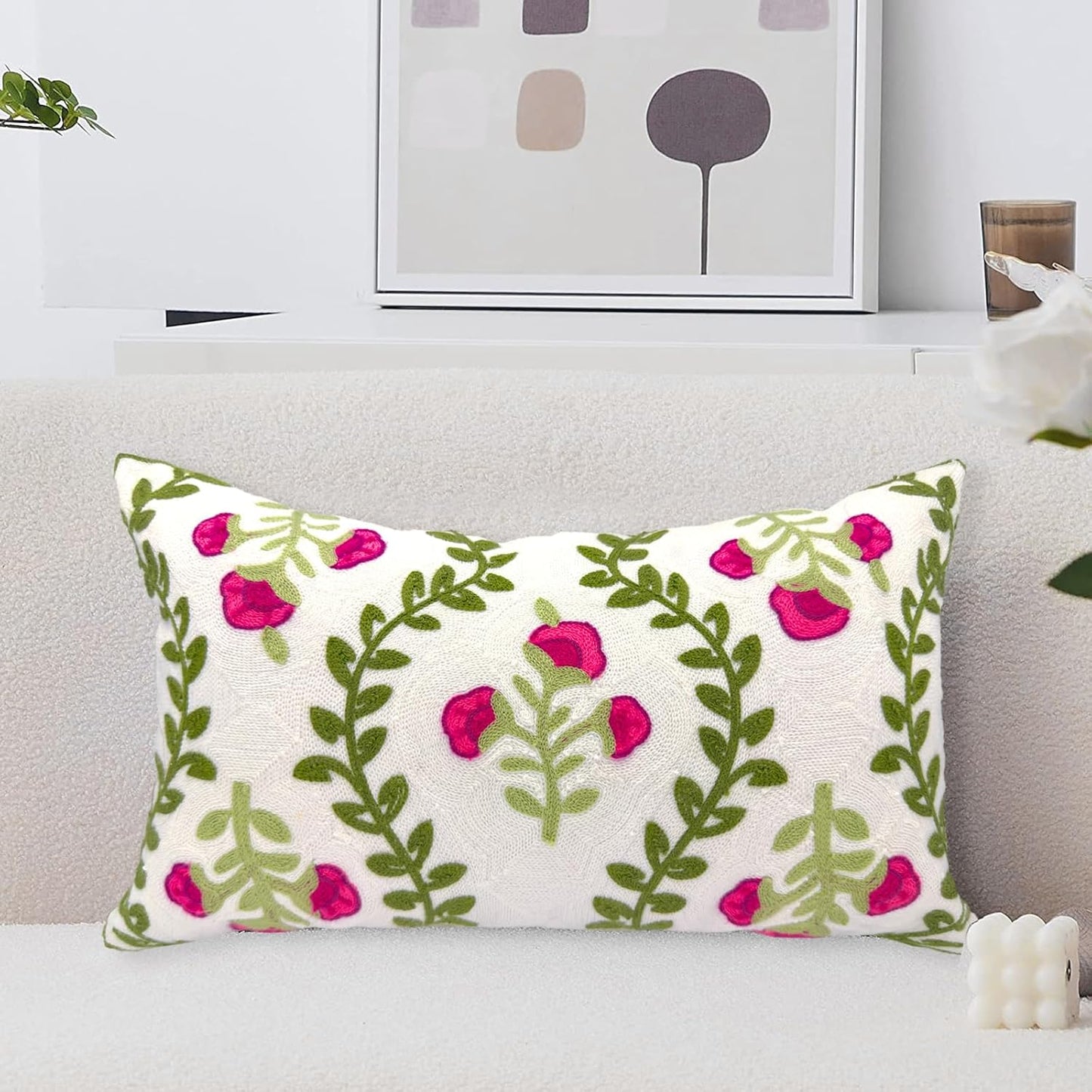 Alysheer Flower Embroidered Summer Decorative Lumbar Throw Pillow Cover 12"x 20", Farmhouse Cottage Hot Pink Floral Green Leaves Patterned Cotton Canvas Cushion Case for Sofa Couch Bed Living Room