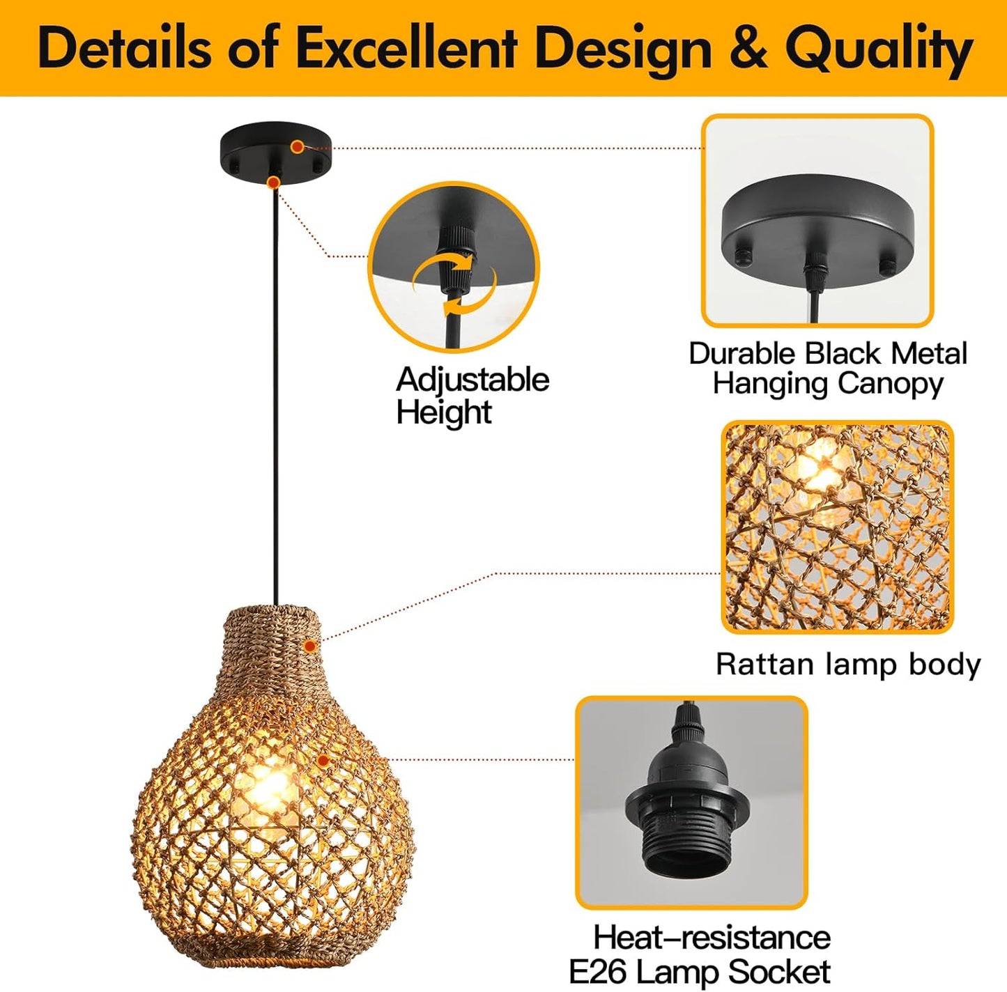 2-Pack Rattan Pendant Light,Boho 11.03" Wicker Hand-Woven Ceiling Hanging Farmhouse Chandelier for Kitchen Island Dining Room Bedroom