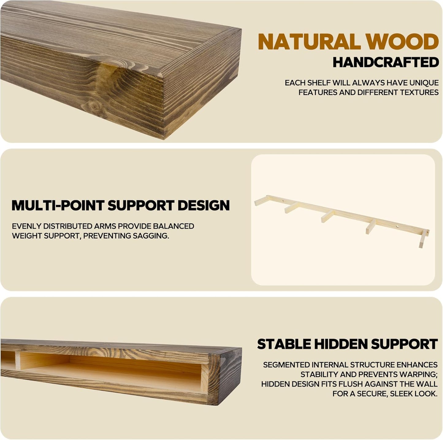 Floating Shelves 3 inch Thick for Wall Set of 2,Solid Pine Wood Wall Mount Shelf for Kitchen Living Room Bedroom Bathroom,8" D x 60" L x 3" H-Black Walnut