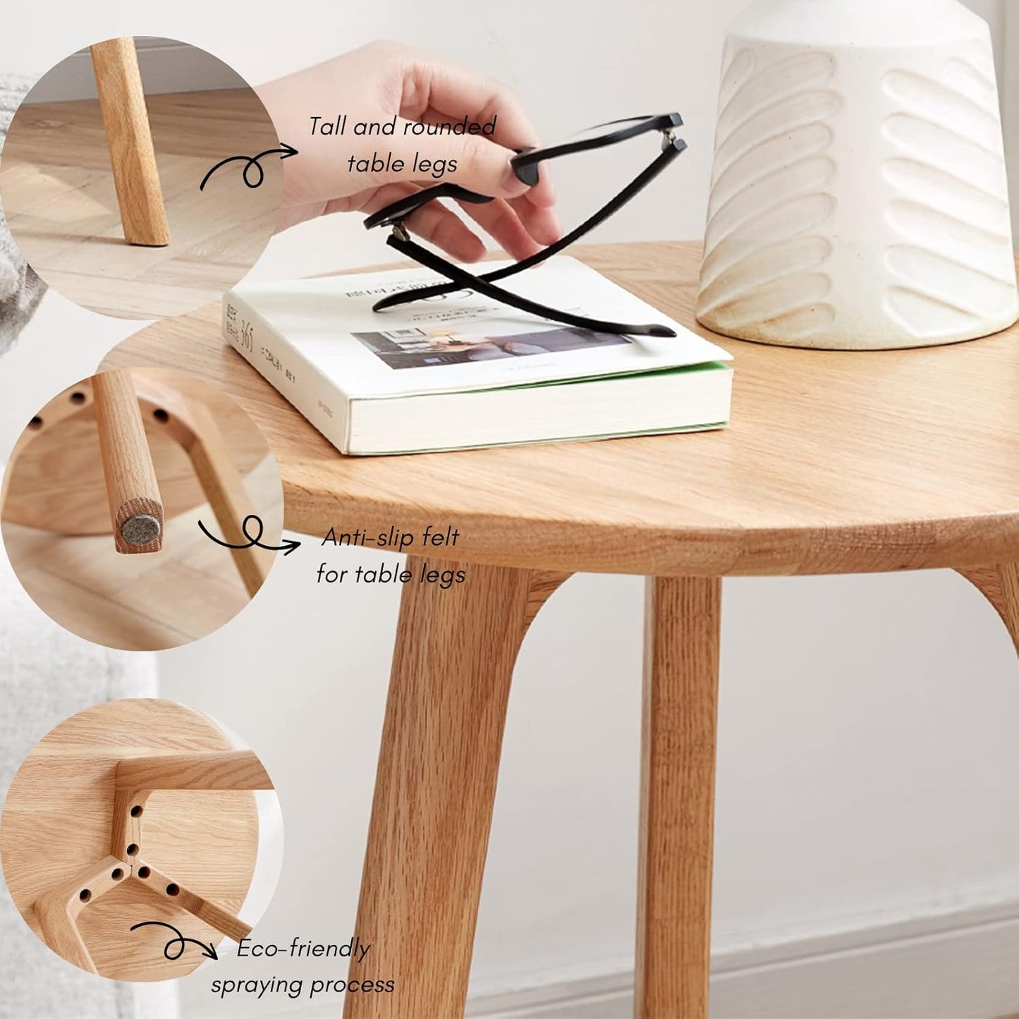 100% Solid Oak Round Side Table, Small Bedside Table for Small Spaces, Living Room End Table with Stable Frame for Bedroom Couch, (Natural, 17.71" D x 19.68" H)