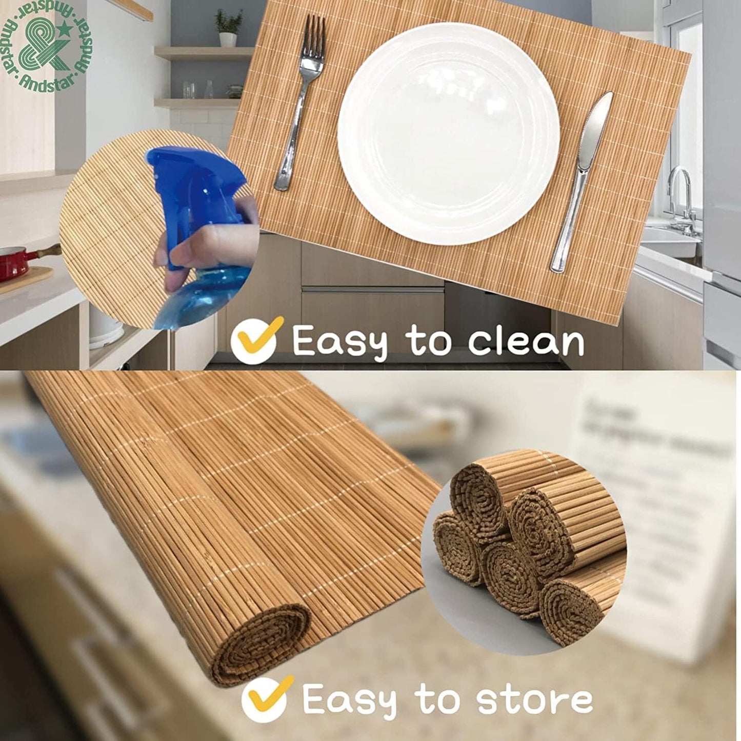 ANDSTAR Bamboo Placemats Set of 6 Non-Slip - 12x18 Inch Waterproof Table Mats for Dining, Eco-Friendly Reusable Dishwasher Safe Kitchen Decor, Thick Heat Resistant Home Accessories (Brown)