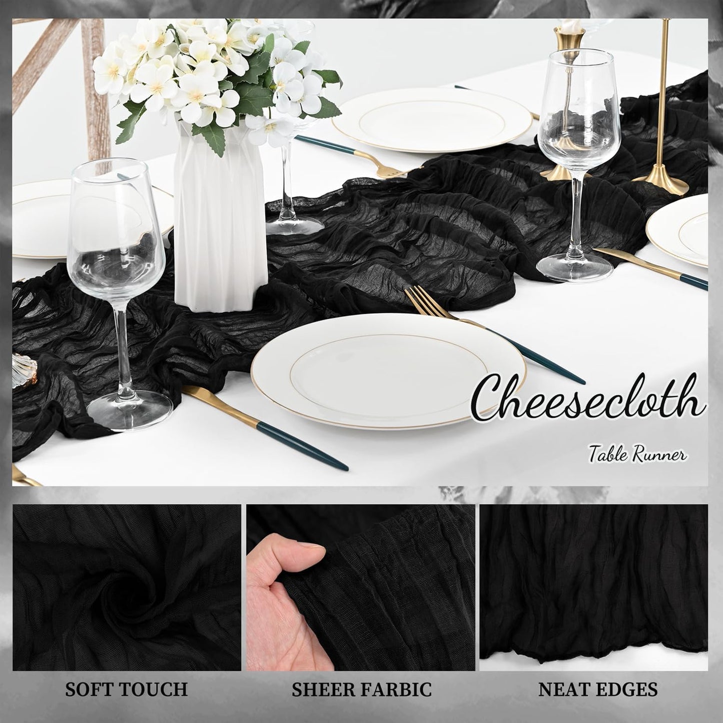 10FT 12 Pack Black Cheesecloth Table Runner 20 x 120 Inch Long Boho Fabric Rustic Cheese Cloth Table Runner for Wedding Bridal Shower Baby Shower Gauze Sheer Birthday Party Table Decorations