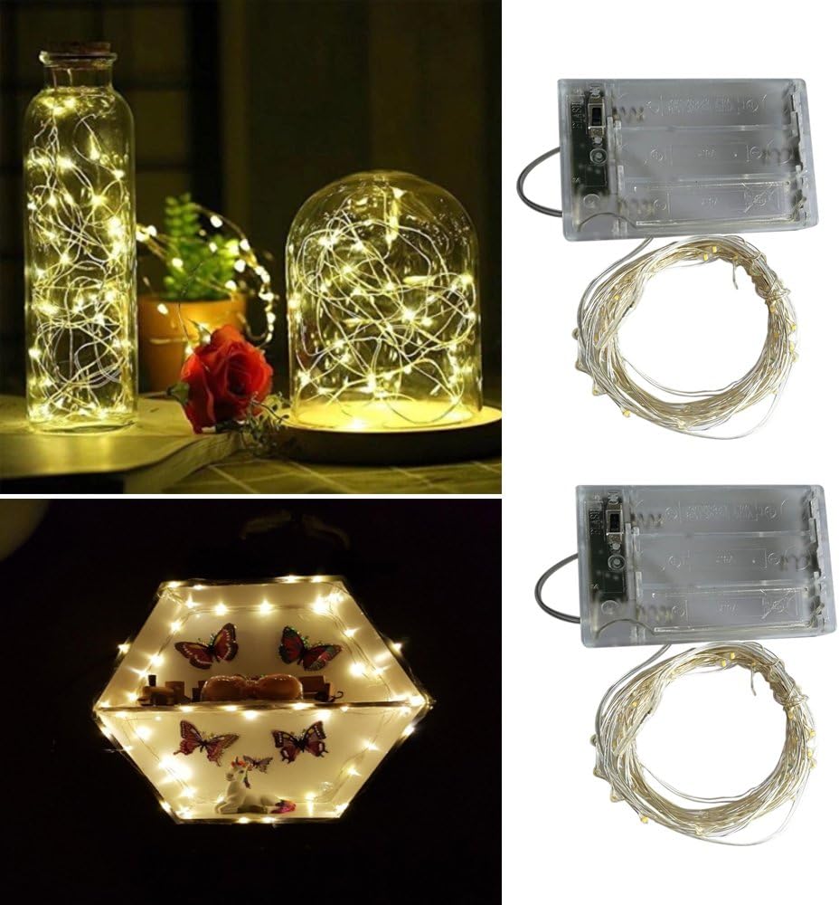 2 x 50LEDs Fairy Lights Battery Operated, Silver Wire 2 Mode Chains String Lights for Bedroom Christmas Party Decoration (Warm White, 16.4)