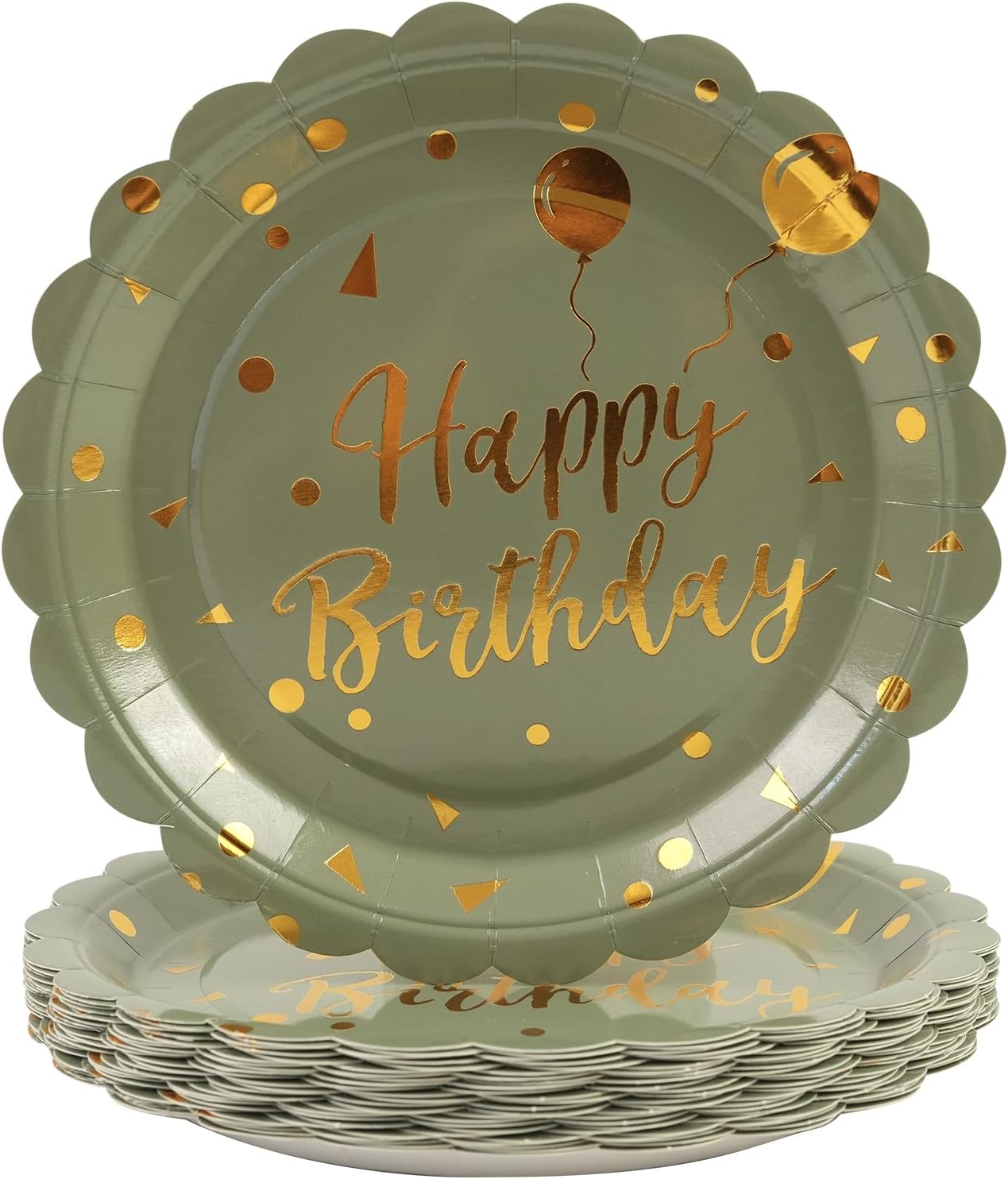 50PCS Sage Green and Gold Happy Birthday Paper Plates, 7 Inch Scalloped Disposable Birthday Dessert Cake Plates Metallic Foil Polka Dots Party Supplies for Birthday's Decorations