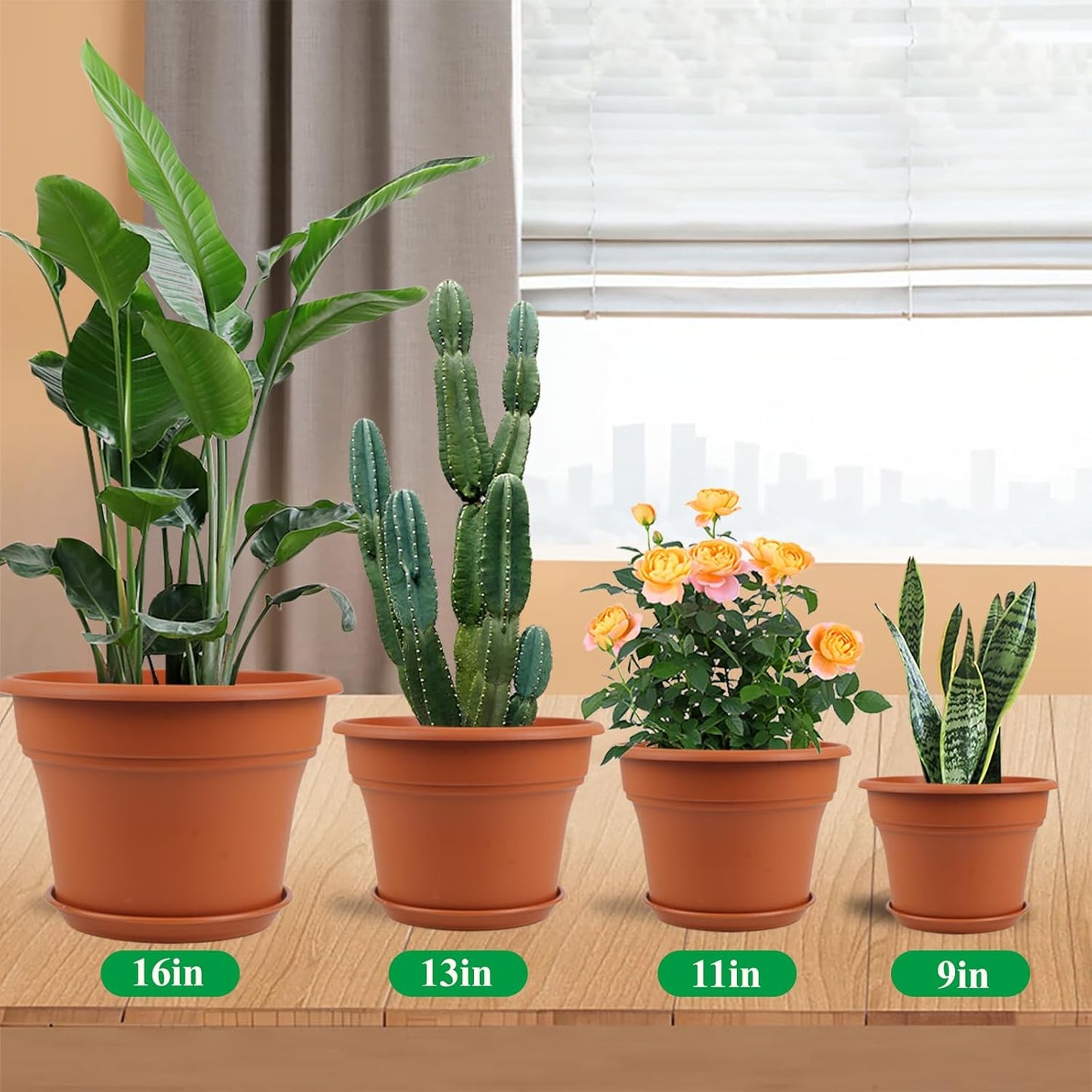 13 Inch Plastic-Flower-Pot-for-Indoor-Plants, 4 Pack Large Outdoor Planter Pot with Drainage Holes & Saucers, Resin Decorative Garden Pots Planters