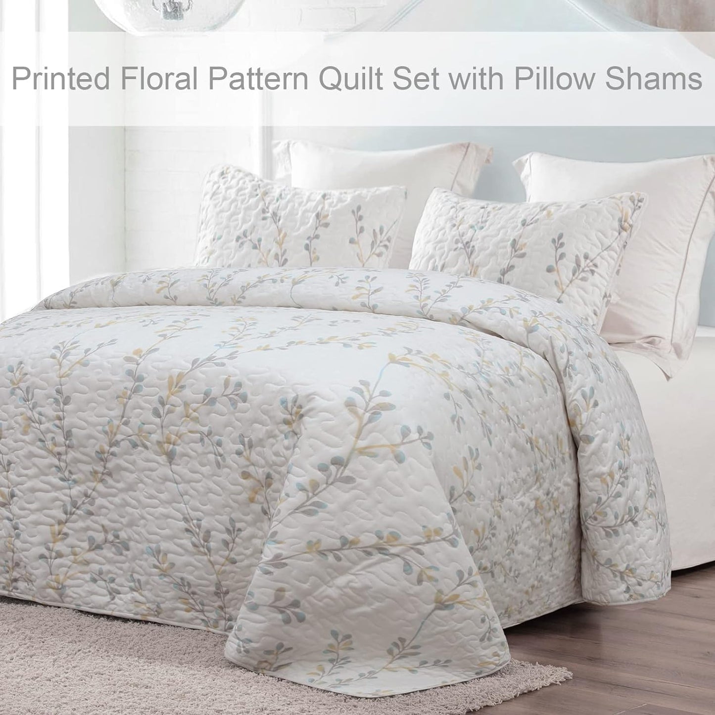 Exclusivo Mezcla Reversible Boho Quilt Set Queen Size, 3 Pieces Flowers White All Season Bedspreads, Ultra Soft Floral Coverlet Bedding Set with Printed Pattern (1 Quilt, 2 Pillow Shams)