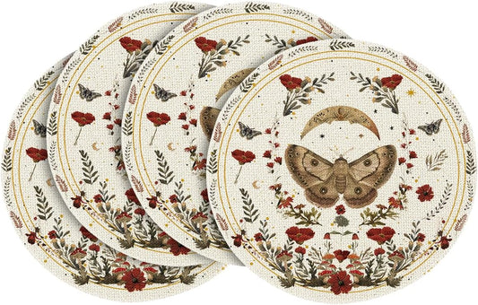 Artoid Mode Beige Poppy Moth Moon Round Placemats Set of 4, 14 Inch Floral Spring Round Table Mats for Party Kitchen Dining Decoration