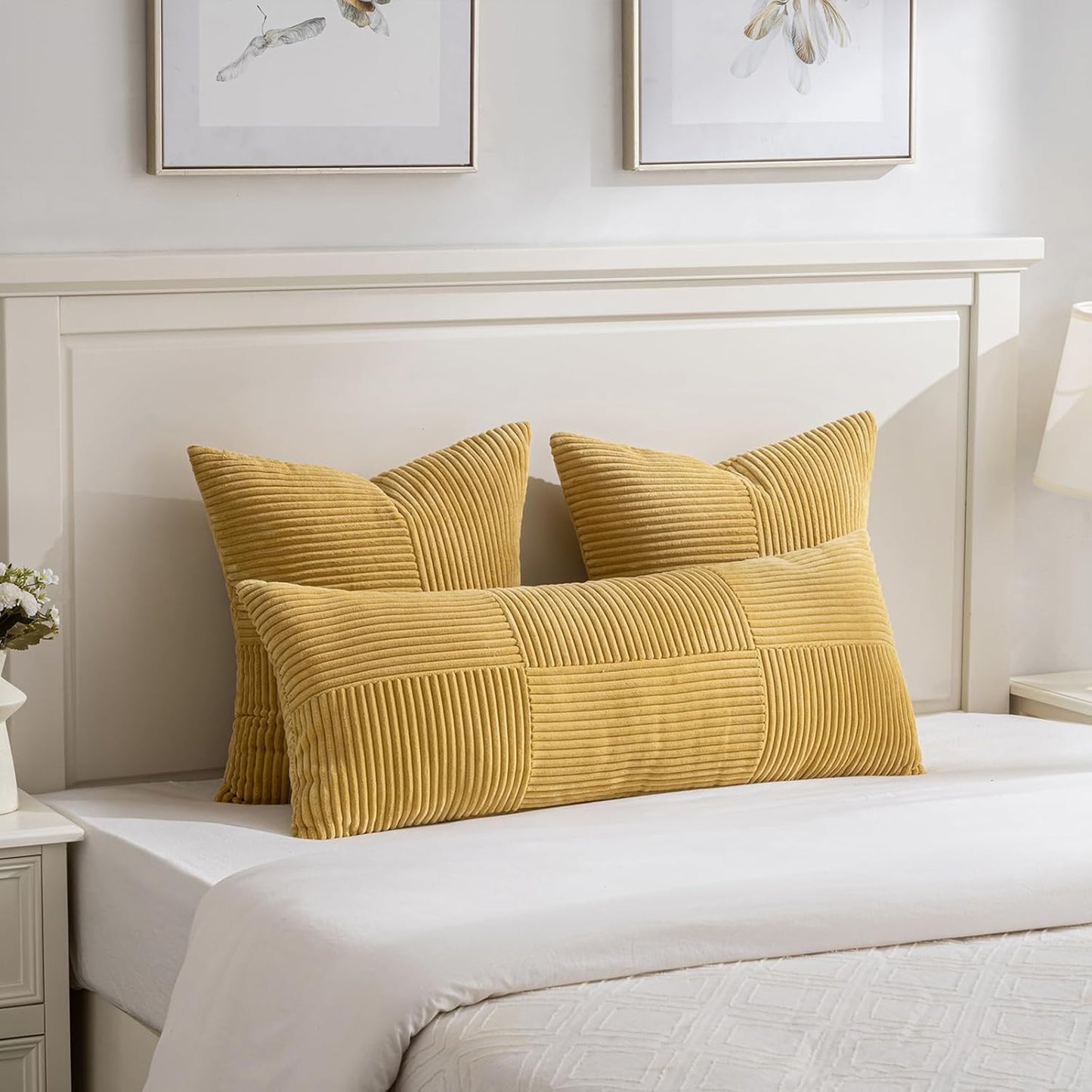 Fancy Homi 2 Packs Mustard Yellow Decorative Throw Pillow Covers 18x18 Inch for Living Room Couch Bed, Farmhouse Boho Home Decor, Soft Corss Corduroy Patchwork Textured Accent Cushion Case 45x45 cm