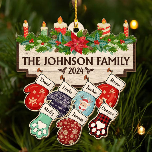 Family with Pet Ver 2 - Personalized Custom Wood Ornament, Family Gloves Christmas Ornament 2024, Xmas Ornament Gifts for Family Tree Decoration (A06, 7 Names)
