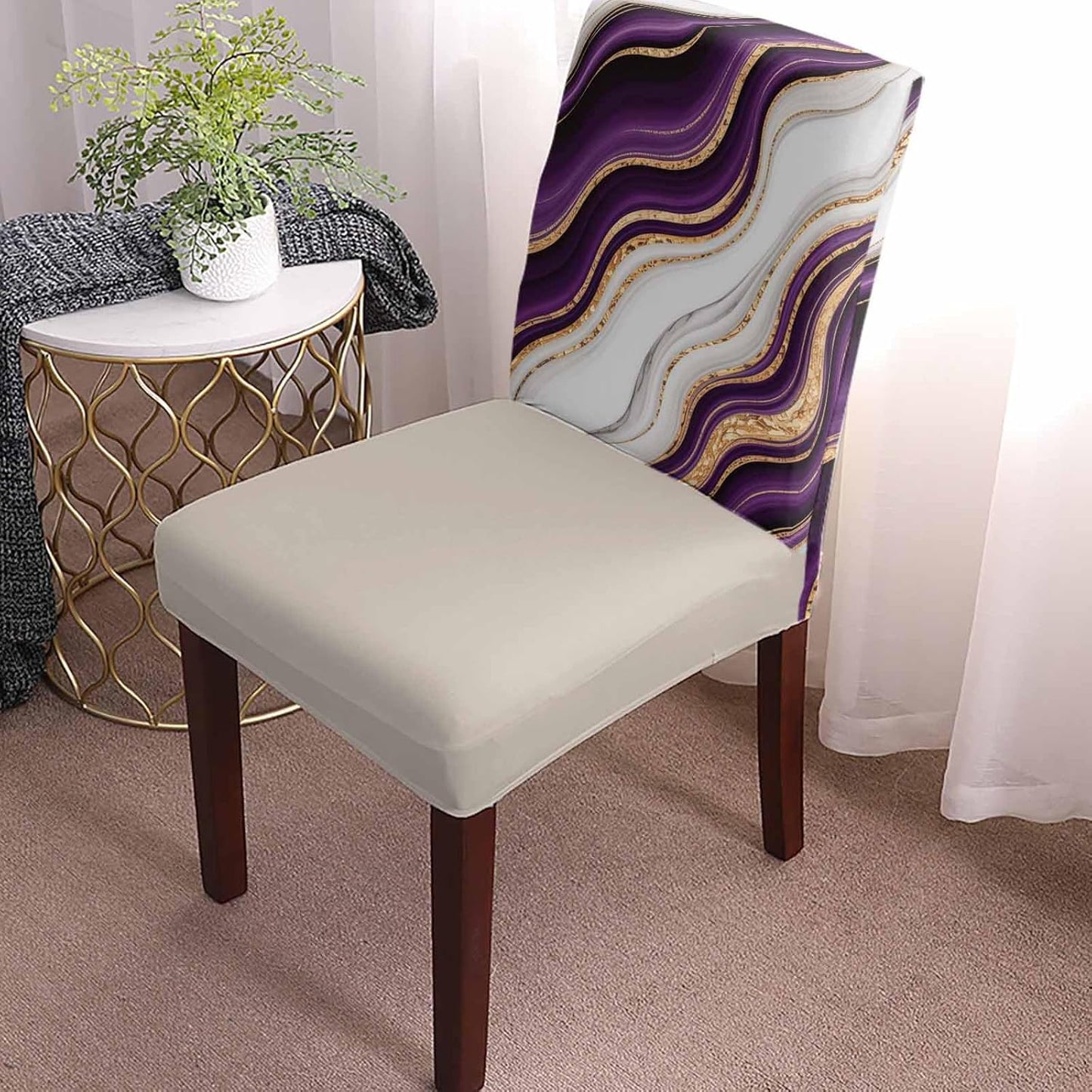 6 Pcs Dining Chair Covers Stretch Spandex Slipcovers Purple Marble Gold Inlay Removable Washable Dining Room Seat Cover Cushion Protector for Home Hotel Banquet Decor Abstract Geometric Stripes
