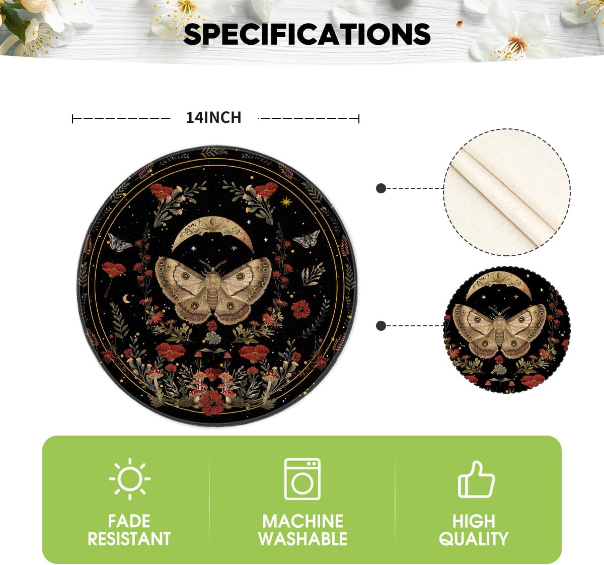 Artoid Mode Black Poppy Moth Moon Round Placemats Set of 4, 14 Inch Floral Spring Round Table Mats for Party Kitchen Dining Decoration