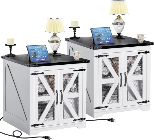 Farmhouse End Table Set of 2, 24" Large Sofa Side Table with Charging Station, Mesh Barn Door, White Nightstand with Adjustable Storage Shelf, Square Nightstand for Living Room, Bedroom