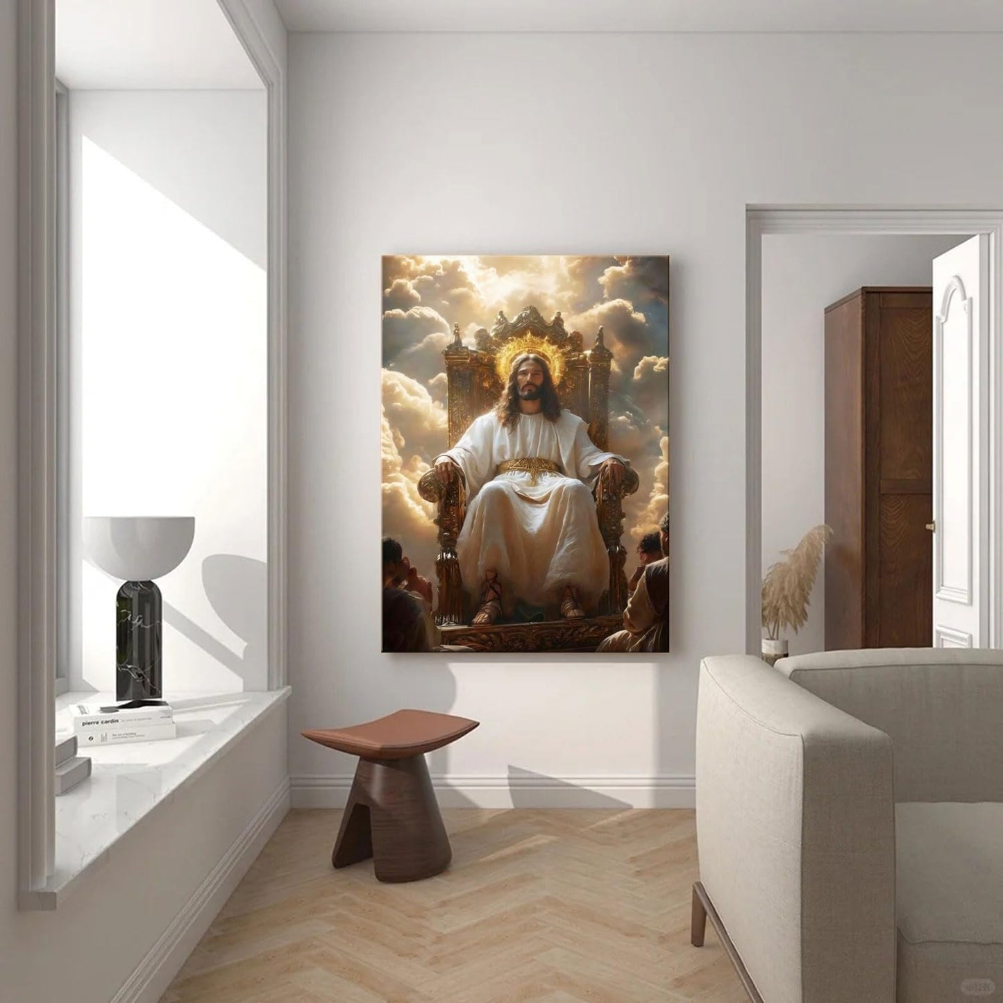 Framed Canvas Wall Art Painting Jesus Sitting on the Throne Religious Poster Faith Revelation Gallery Picture Print for Living Room Bedroom Church Decor 24x36 Inch Ready to Hang