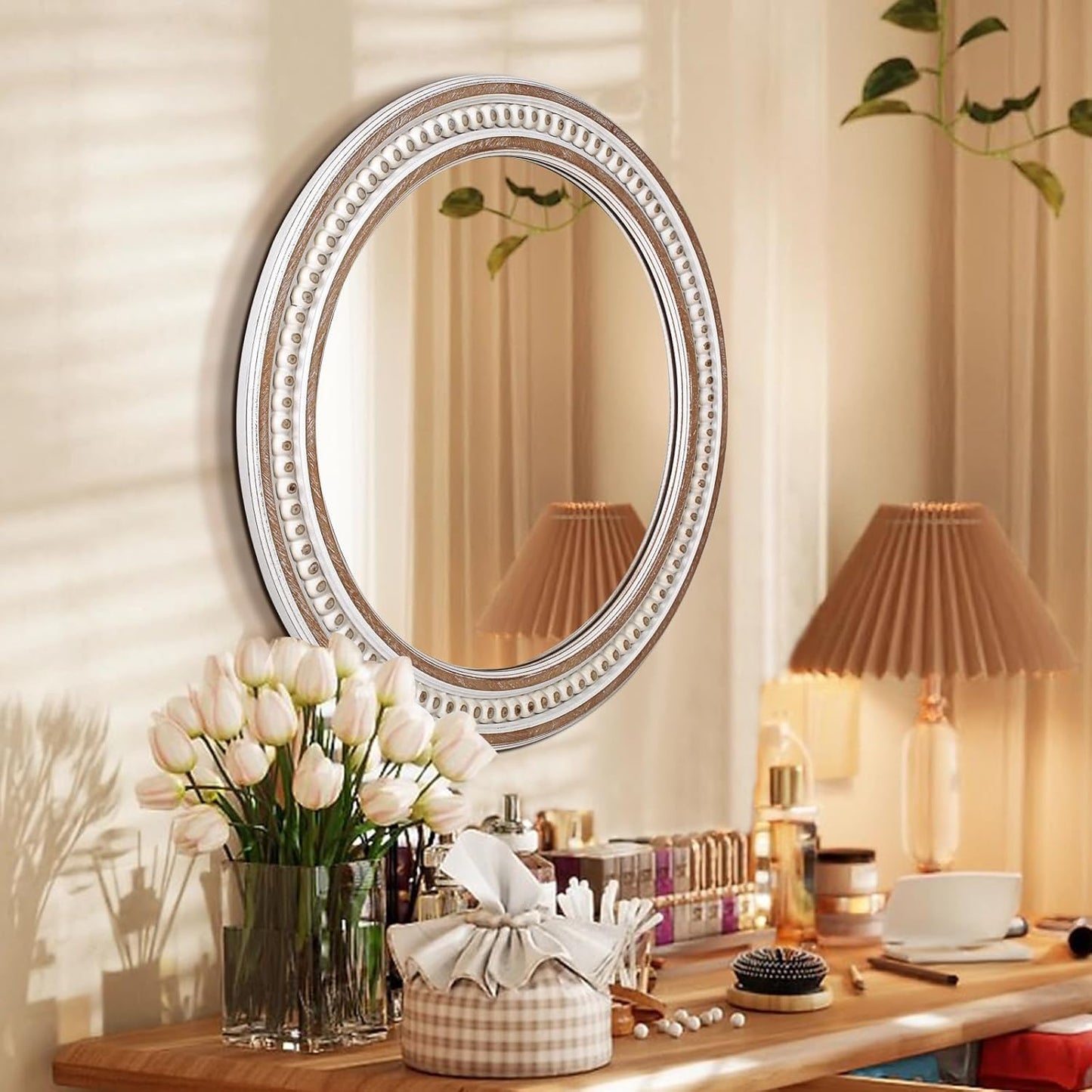 24 Inches Rustic Round Wall Mirrors - Wooden Farmhouse Circle Mirror for Bathroom, Entryway, Bedroom, Living Room, Entryway Decorative