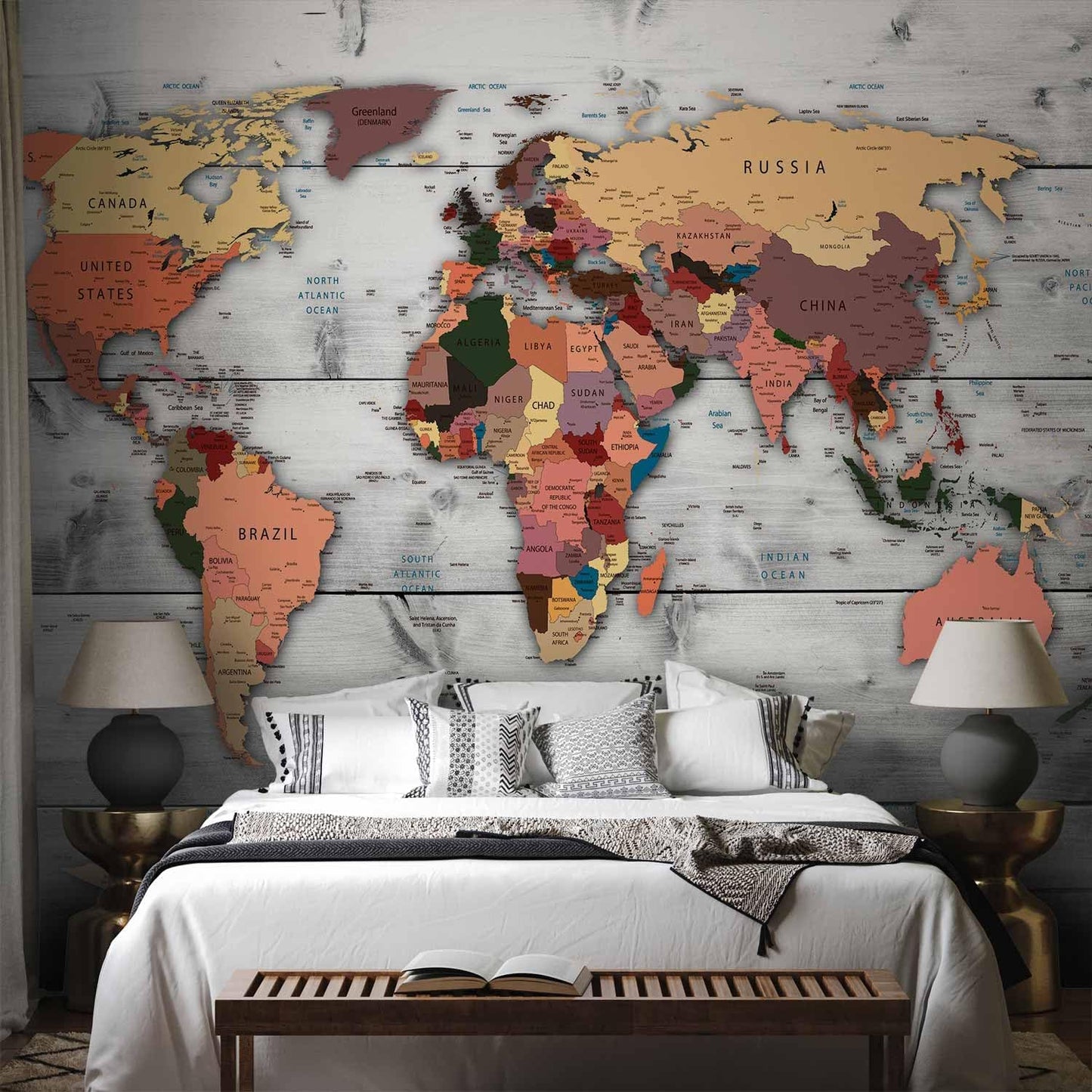 artgeist Premium Wall Mural World Map 177x124 in - XXL Non-Woven Wallpaper Fleece Wall Decor Photo Print Picture Image Design Home Map of The World k-B-0009-a-c