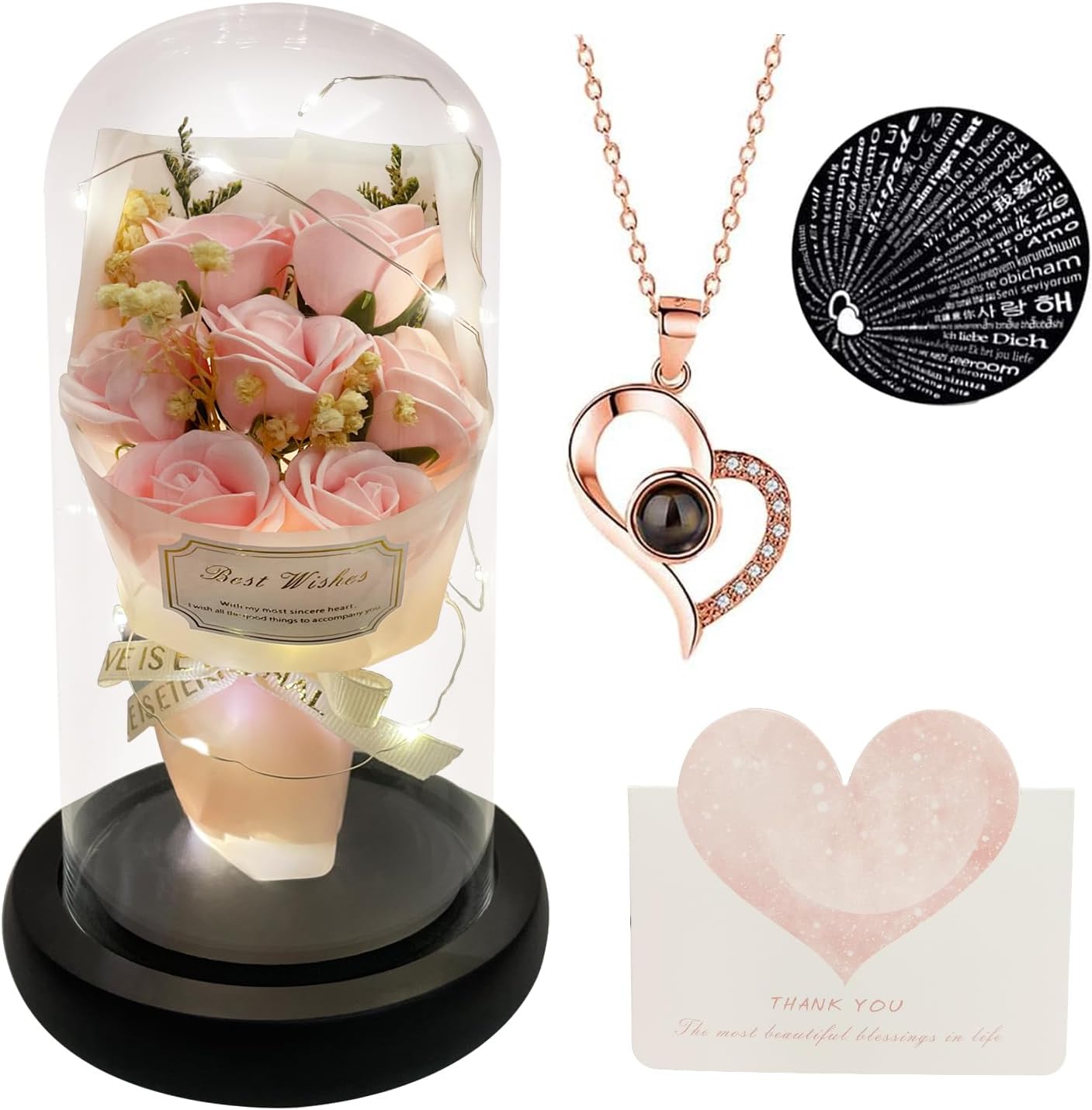 Gift for Her Forever Flower Bouquet for Delivery Prime Preserved Pink Roses Glass Dome LED Light 100 Languages I LOVE YOU Necklace Mothers Day Birthday Romantic Valentines Gift for Wife Women Mom