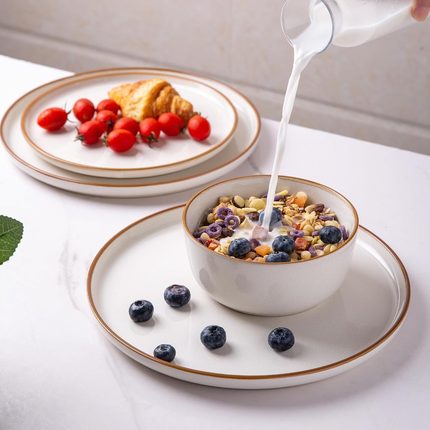 GBHOME Ceramic Dinnerware Sets for 4, 12 Pieces Stoneware Plates and Bowls Sets, Scratch Resistant Dishes, Dishwasher & Microwave Safe, Reactive Glaze-White