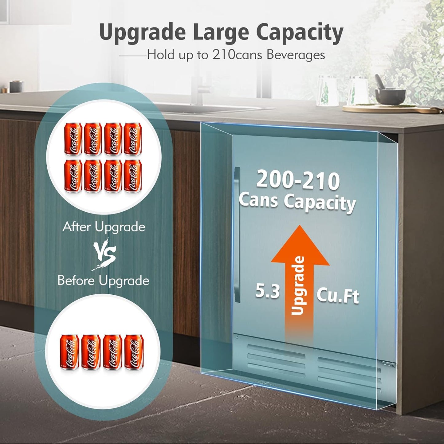 24 Inch Outdoor Beverage Refrigerator Cooler,Stainless Steel Wide Refrigerator for 210 Cans,Fit Perfectly for 24" Space Built-in Counter or Freestanding with powerful and quiet cooling system