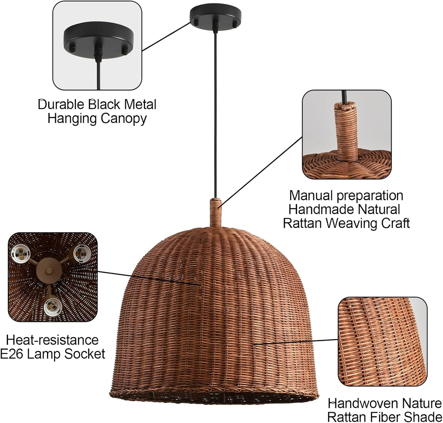 3-Light Dark Curry Rattan Pendant Light,17.7" Rustic Hanging Light,Brown Wicker Pendant Light Hand-Woven Rattan Chandelier for Workplace Restaurants Dining Living Kitchen Farmhouse